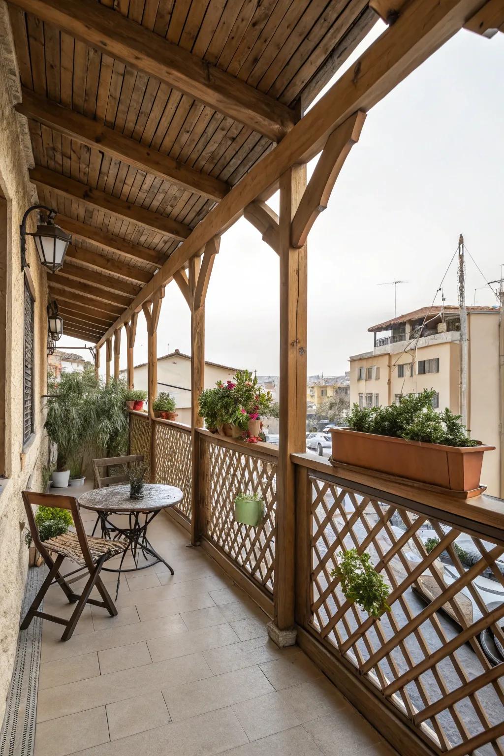 A cozy balcony shaded by a rustic wooden frame.