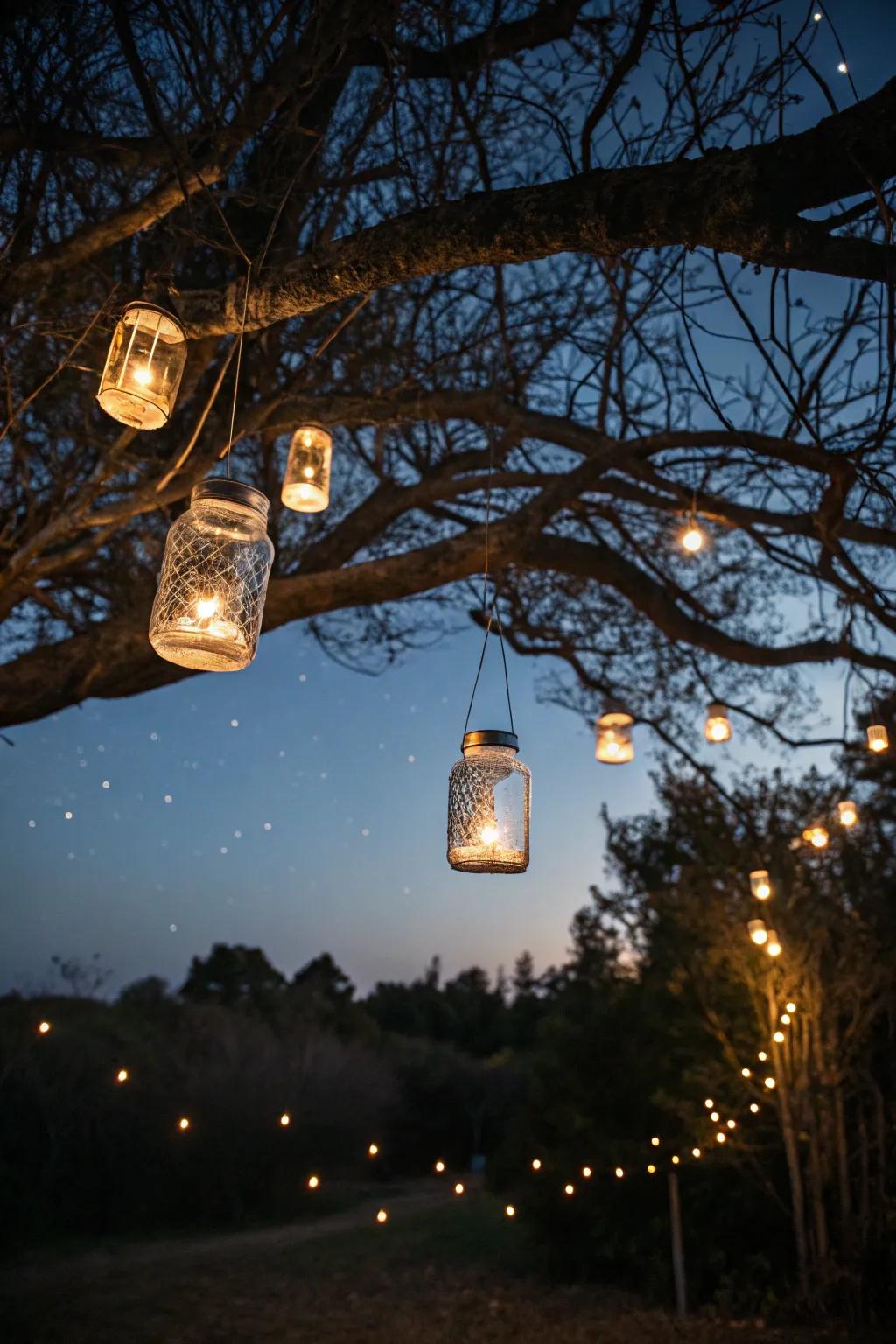 Magical garden lights made from preserving jars establish an enchanting atmosphere.