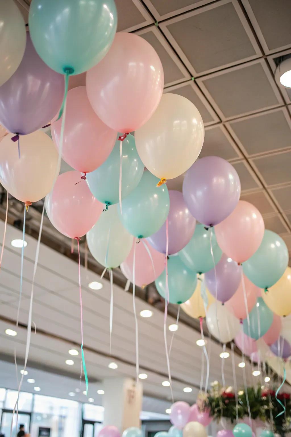 A magical balloon canopy establishes a fairy tale setting.