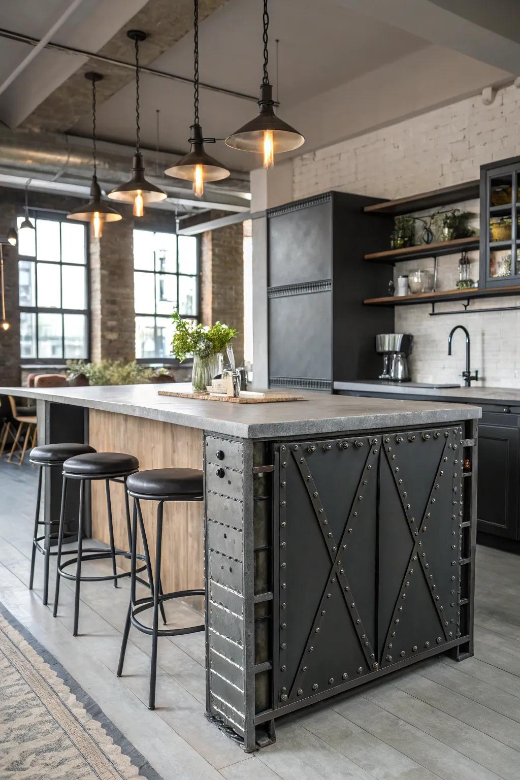 Metal accents add an urban industrial vibe to the kitchen.