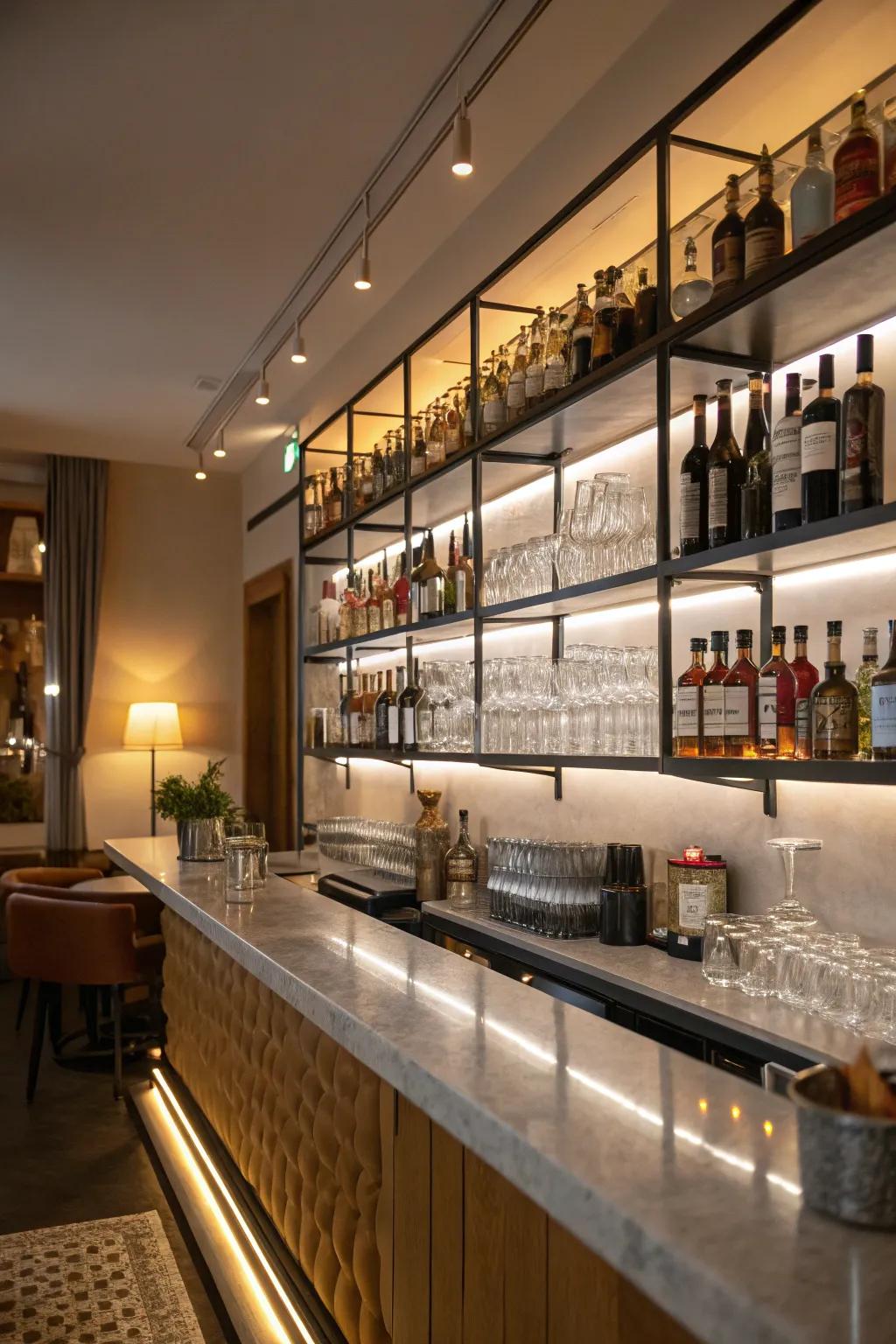 Vertical dimension utilization keeps the bar space structured and spacious.