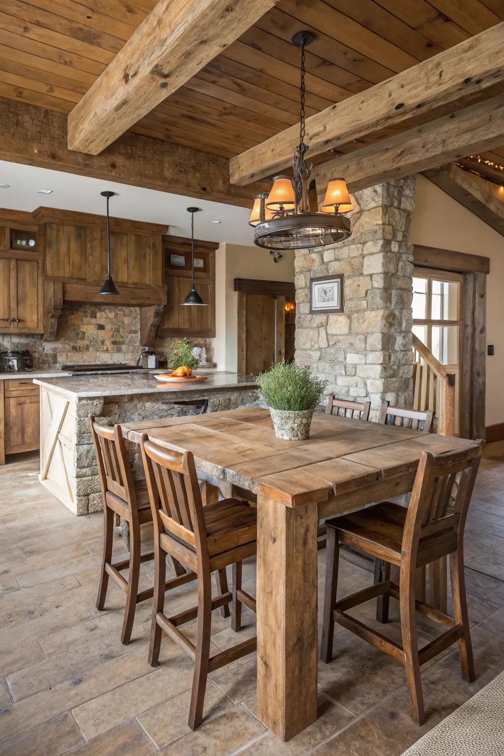 Charming farmhouse bar table showcasing distressed wood features.