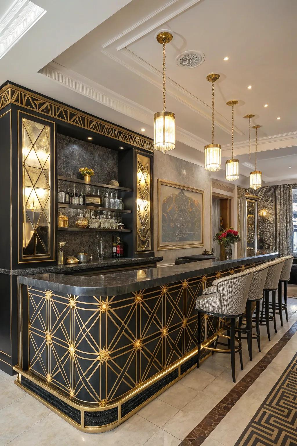 Sophisticated motif radiates with geometric shapes.