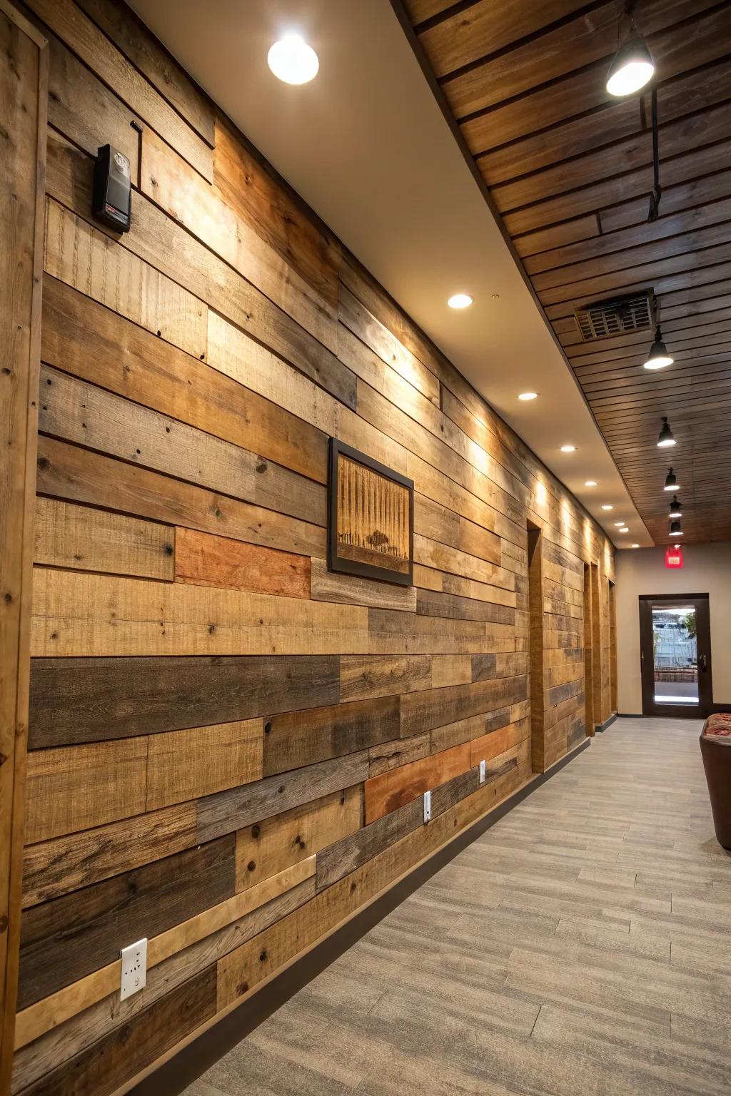 Construct a vibrant feature wall through layering wood panels.