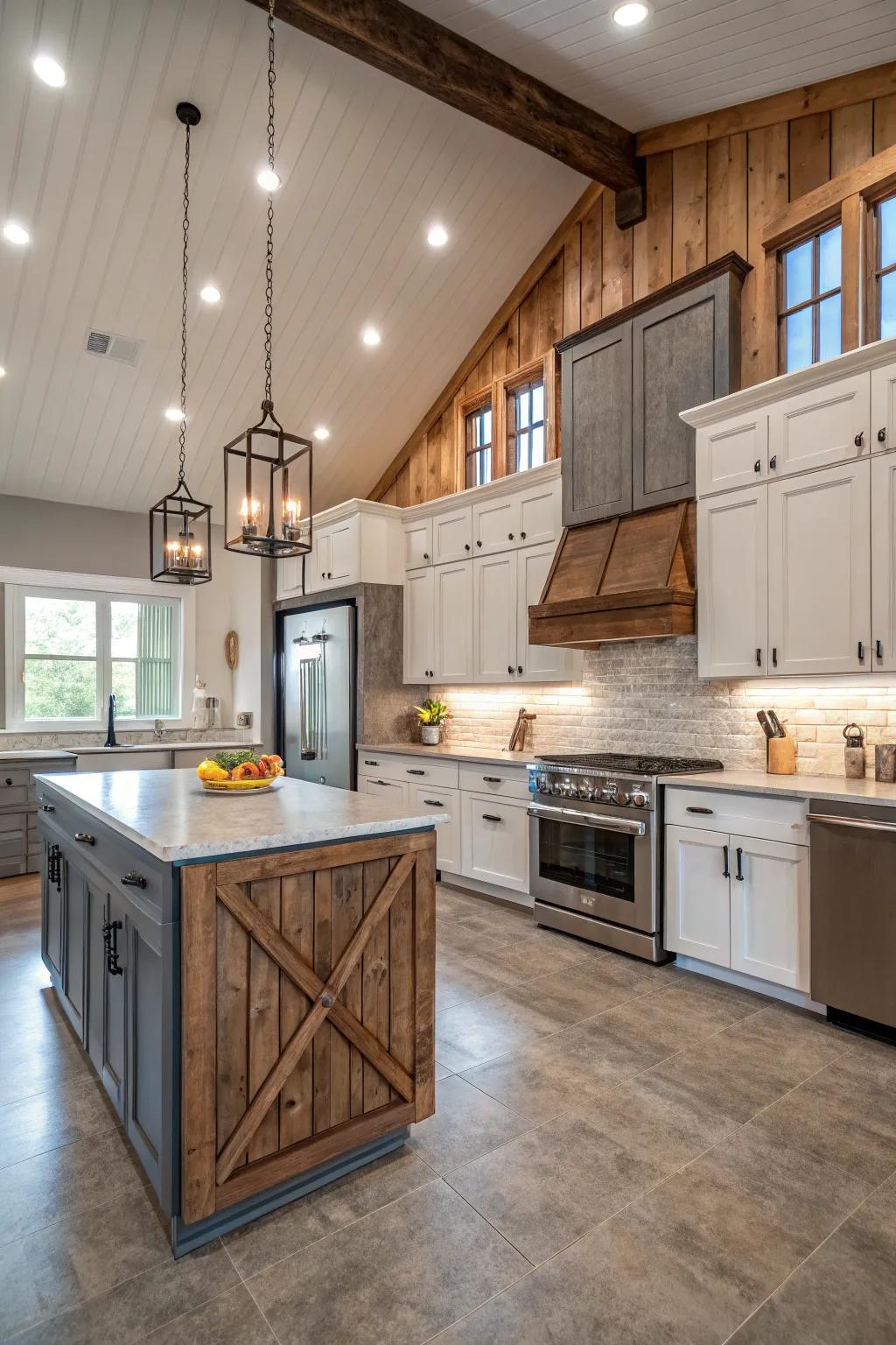 Mixed cabinetry styles add creative flair to the kitchen.