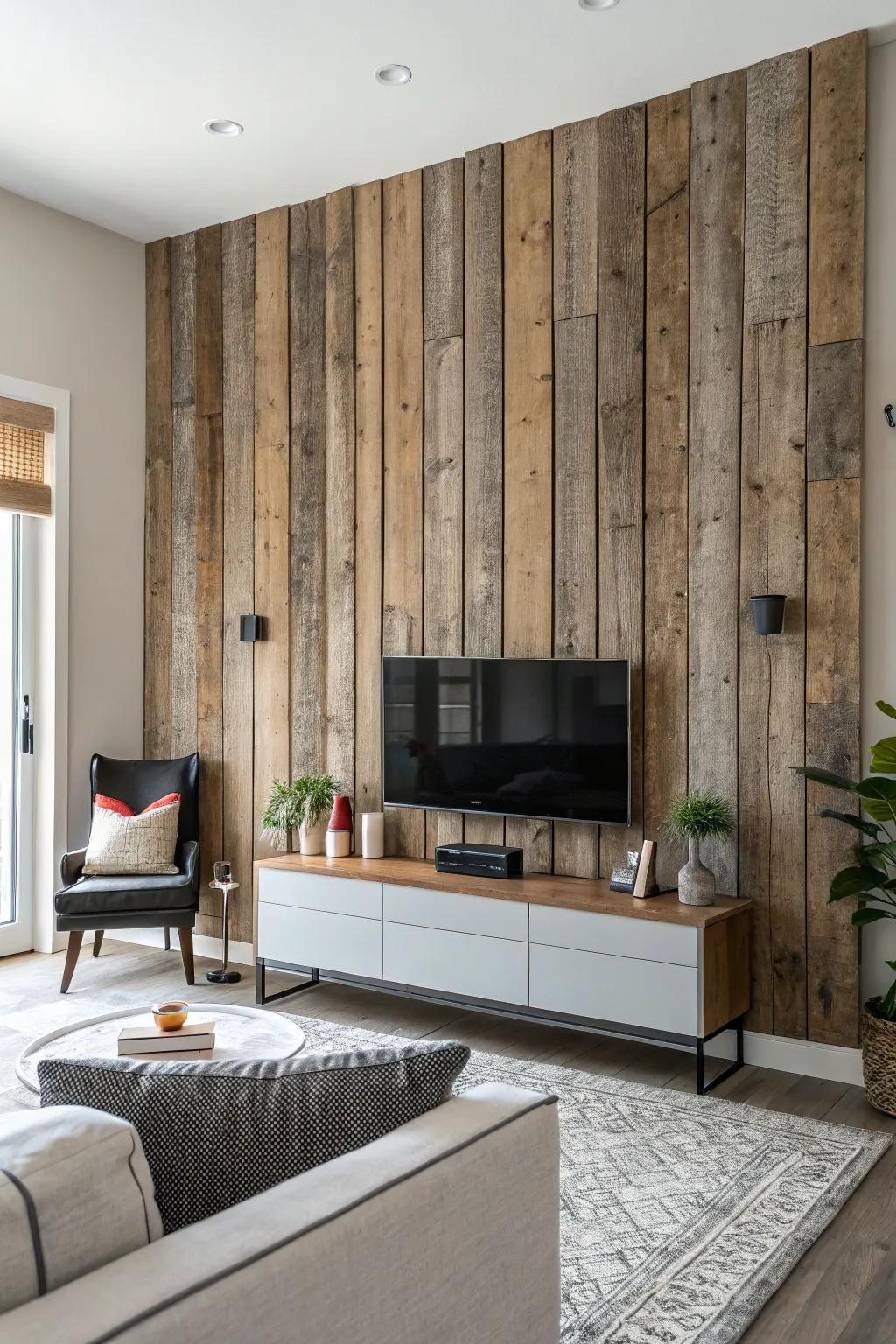 Vertical barnwood planks creating a striking backdrop.