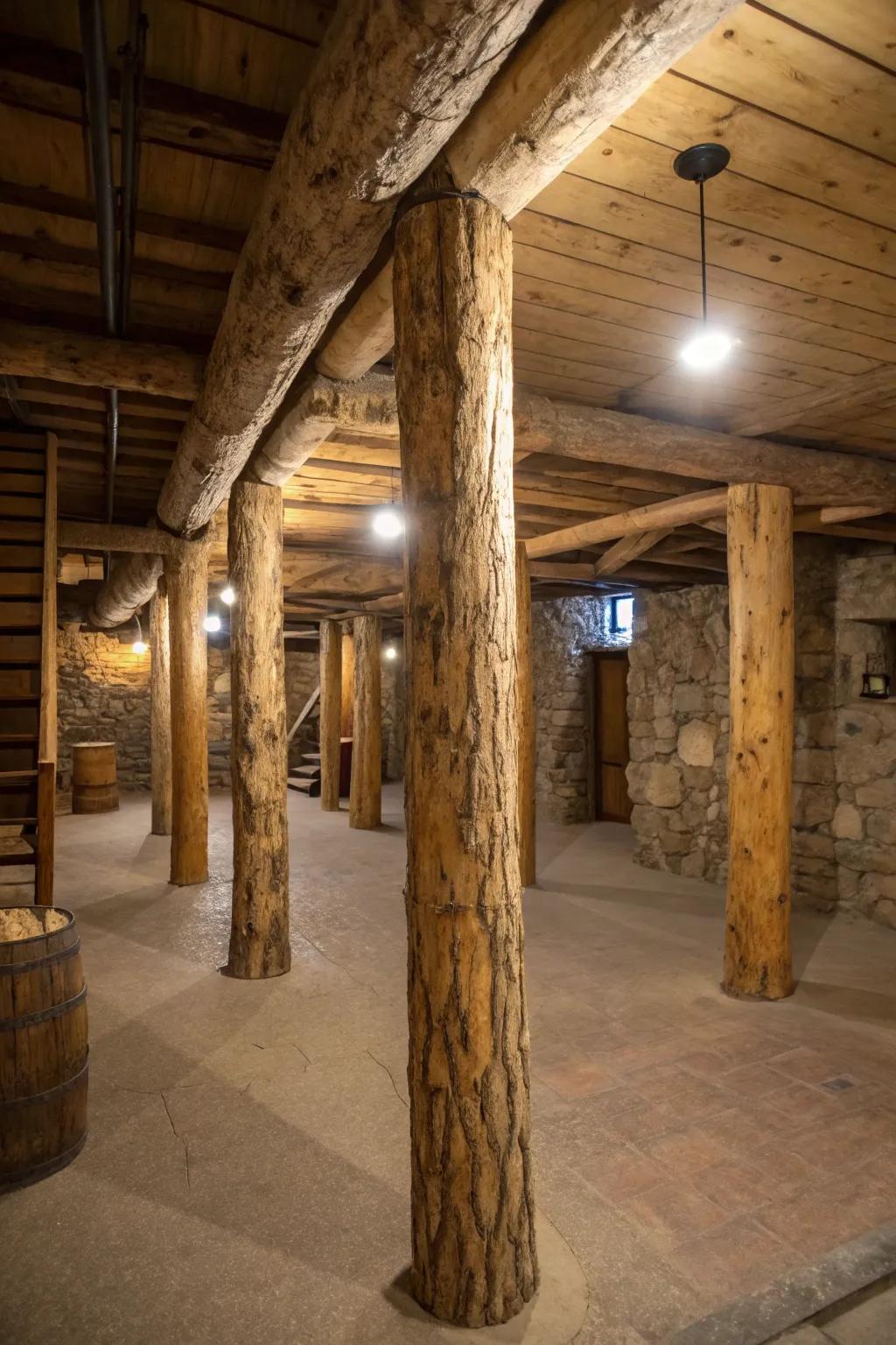 Natural tree bodies give basement posts a country, organic feel.