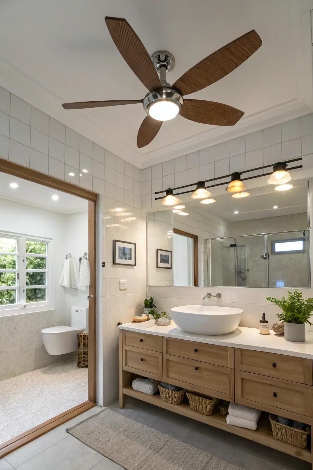 An eco-friendly bathroom that features a ceiling ventilator with diode lights.