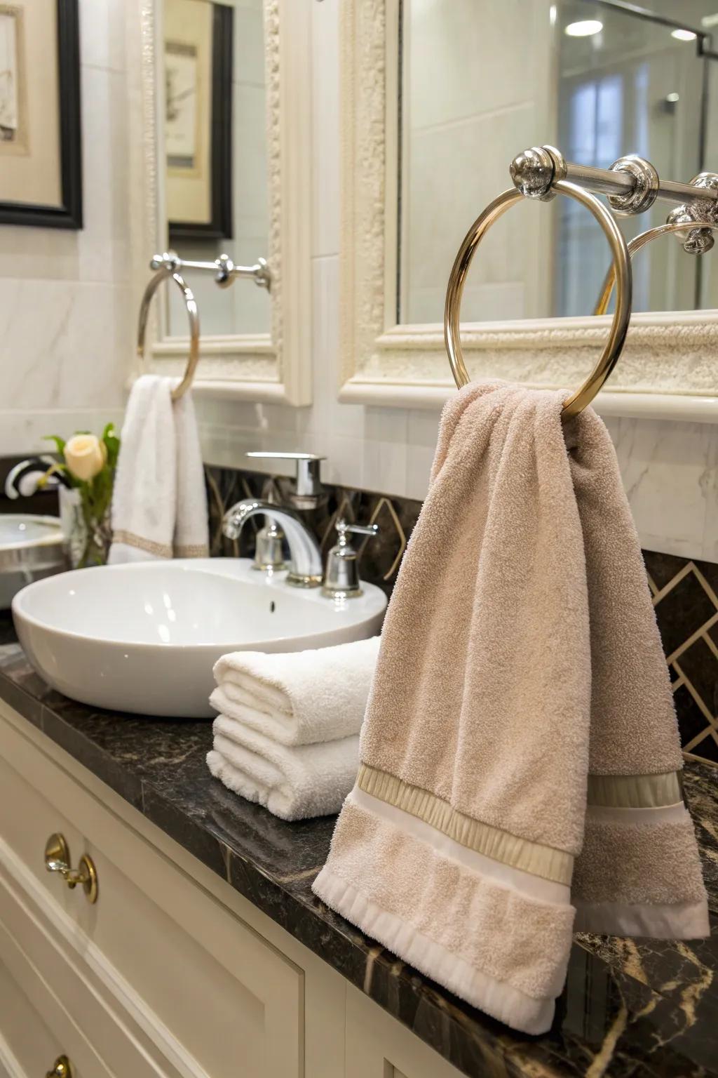 Towel hoops add a refined touch to hand towel displays.