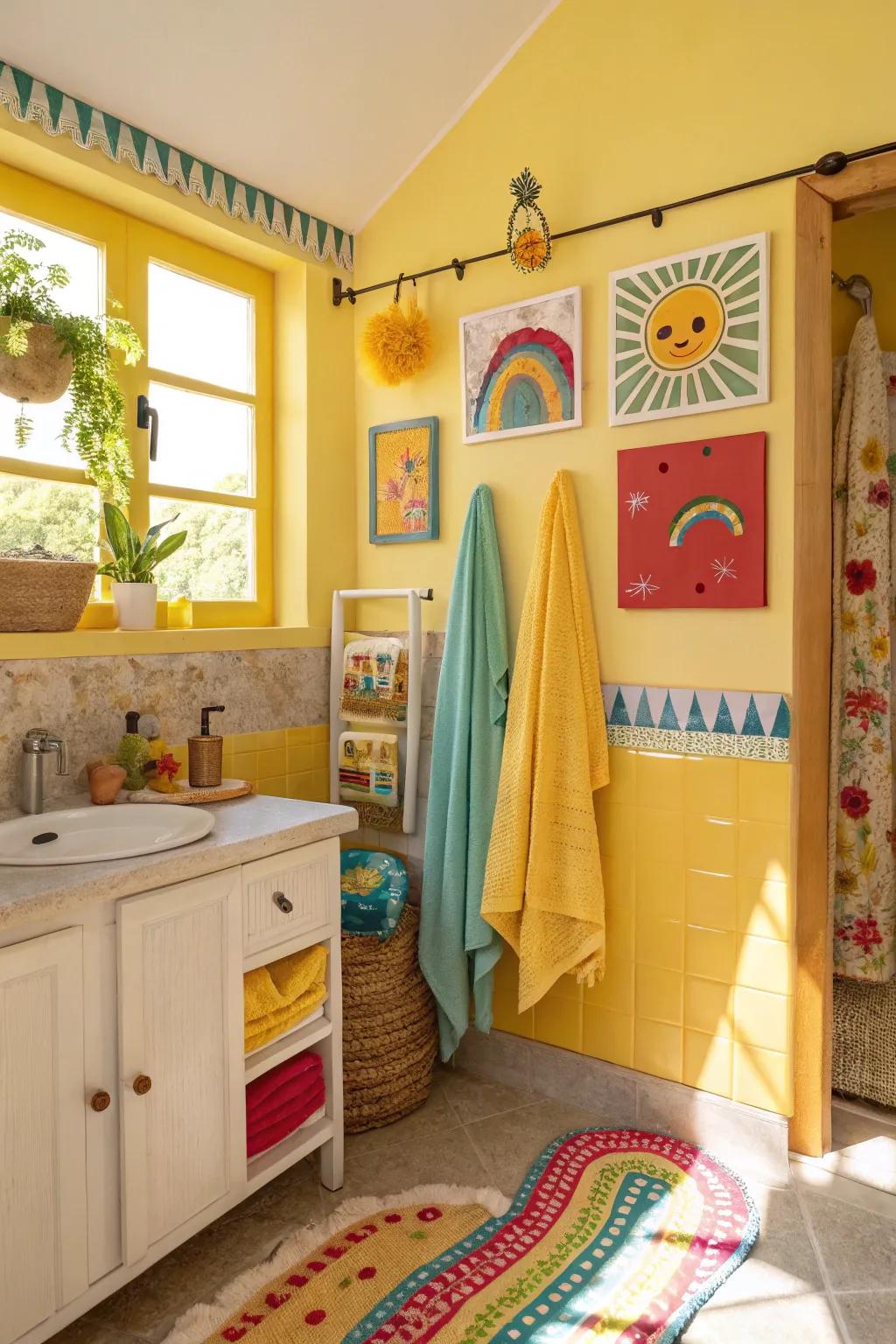 Bright yellow walls bring an upbeat vibe to the bathroom.