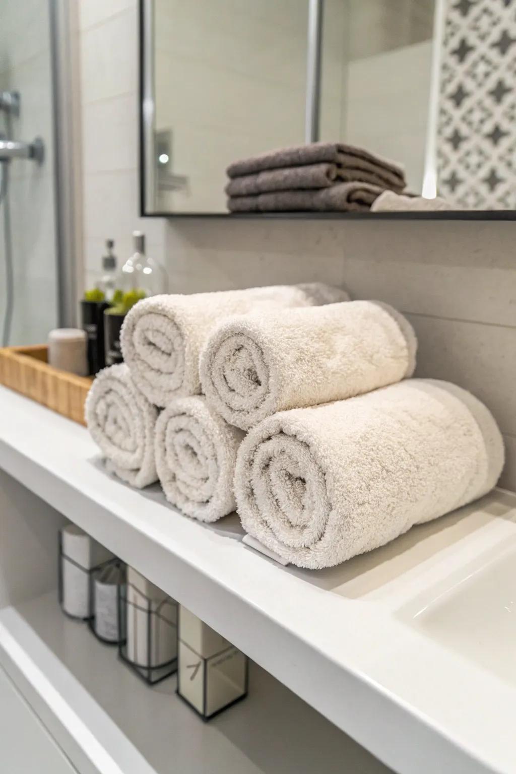 Keep it simple and chic with minimalist rolled towels.