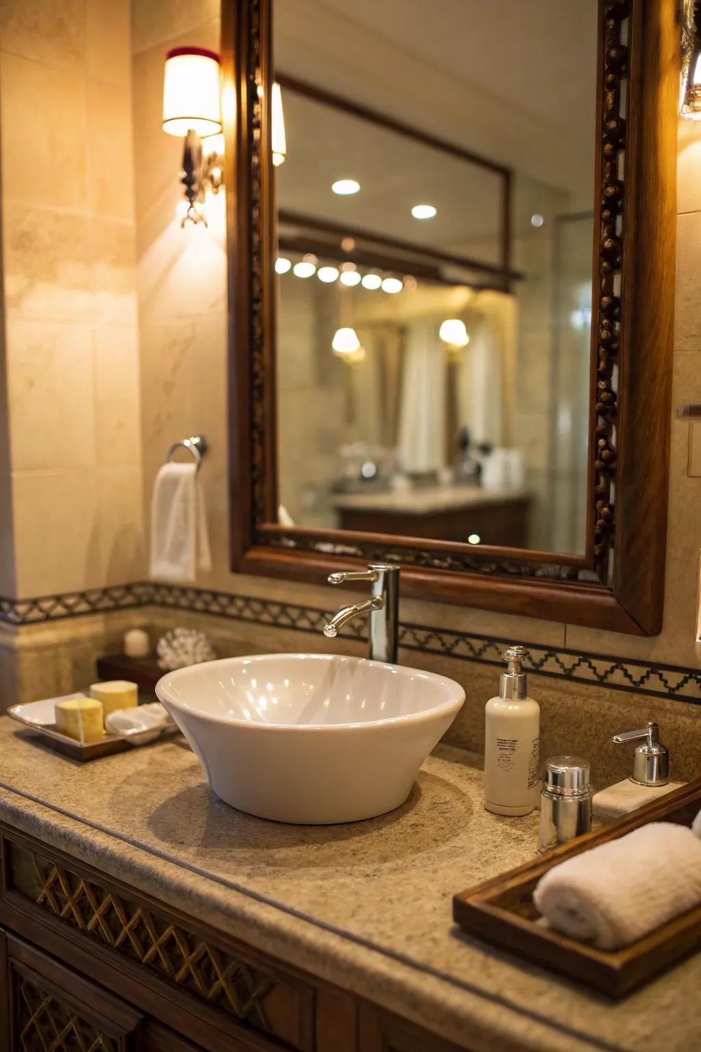 Under-mirror lighting offers a serene, ambient atmosphere.