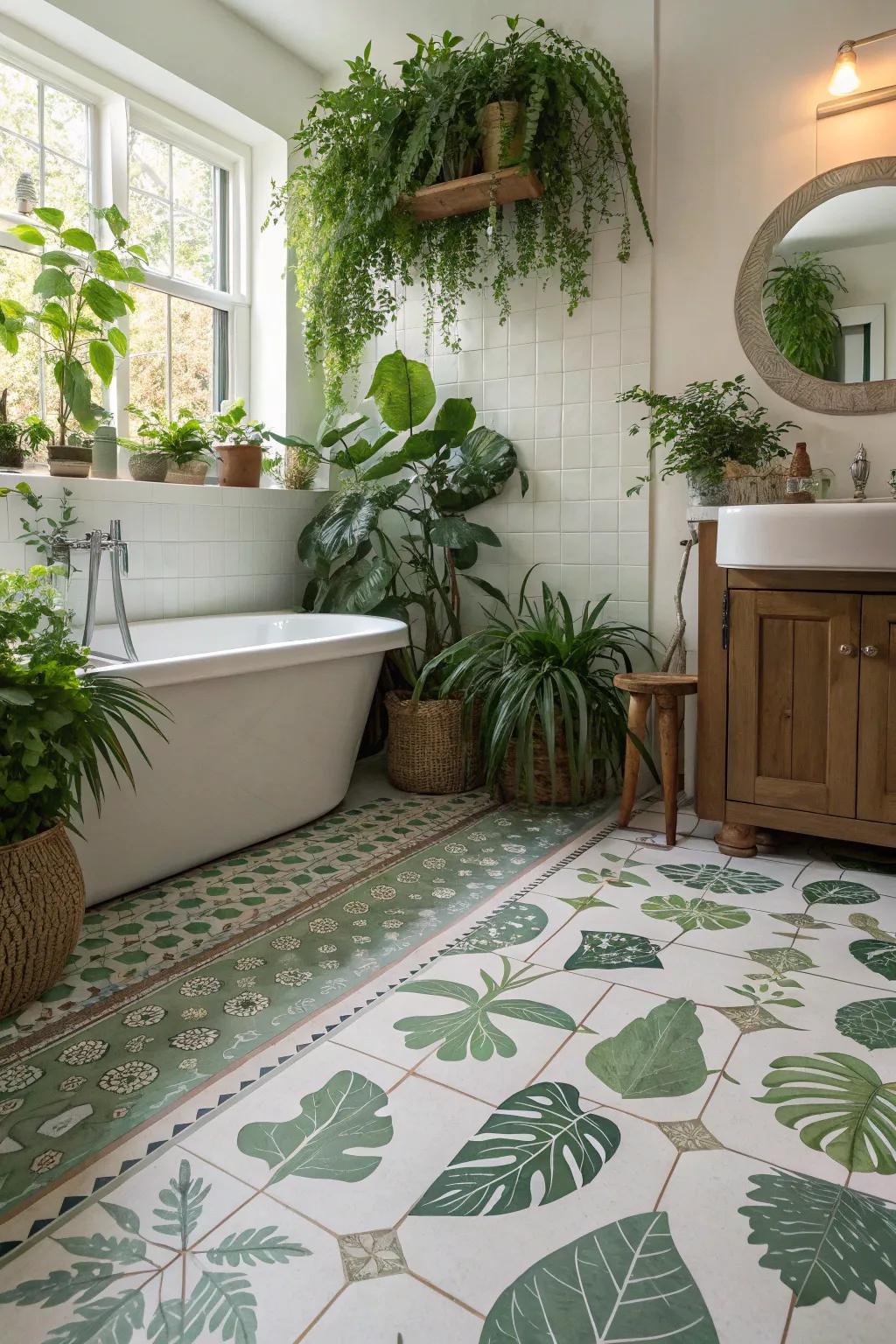 Nature-inspired plastic flooring creates a serene and calming bathroom environment.