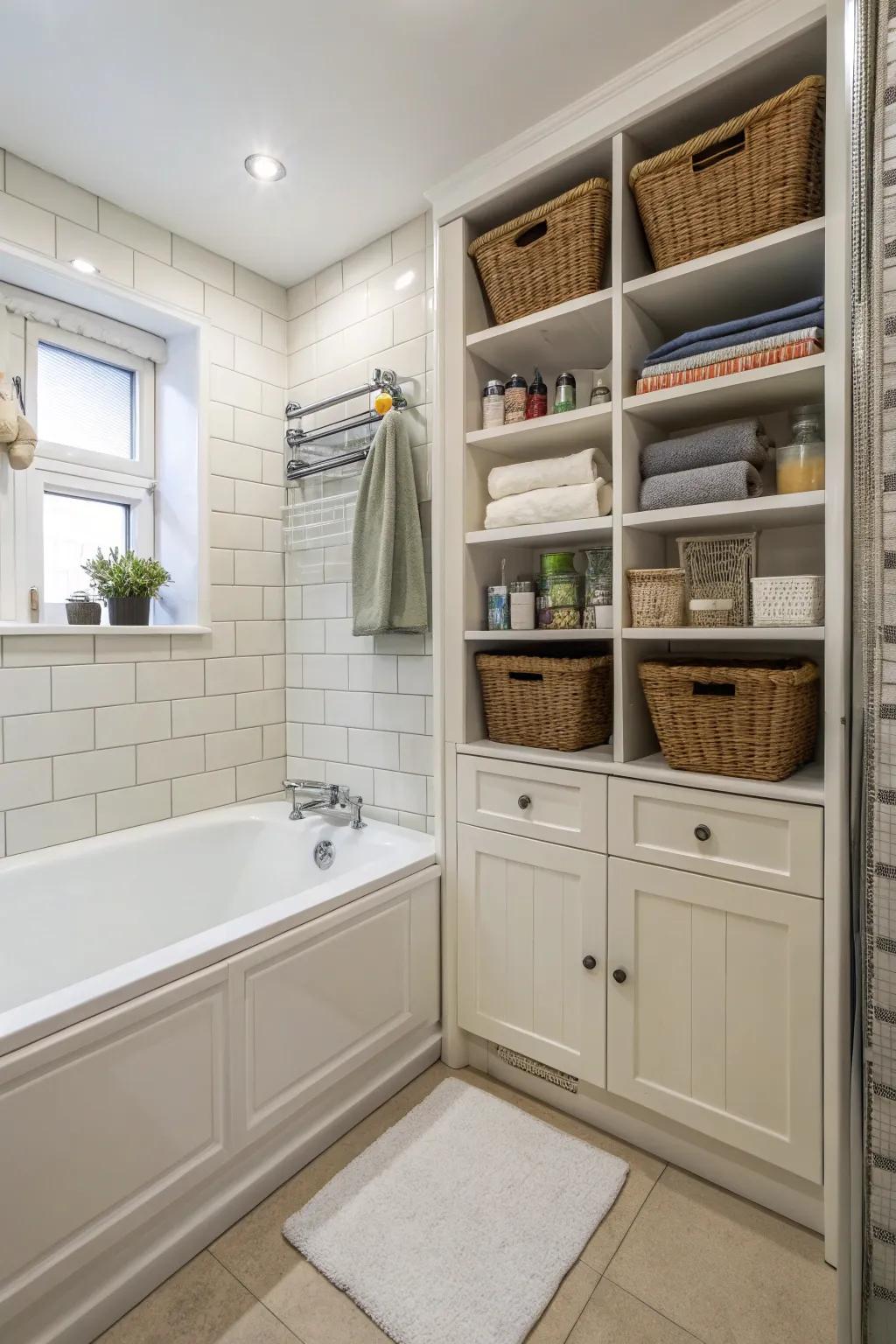 A compact layout with integrated storage maximizes area surrounding the bathtub.