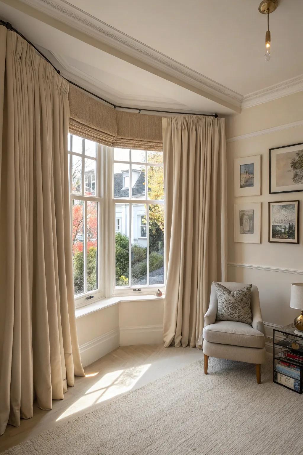 Minimalist curtains furnish a pristine and harmonious aesthetic for bay windows.