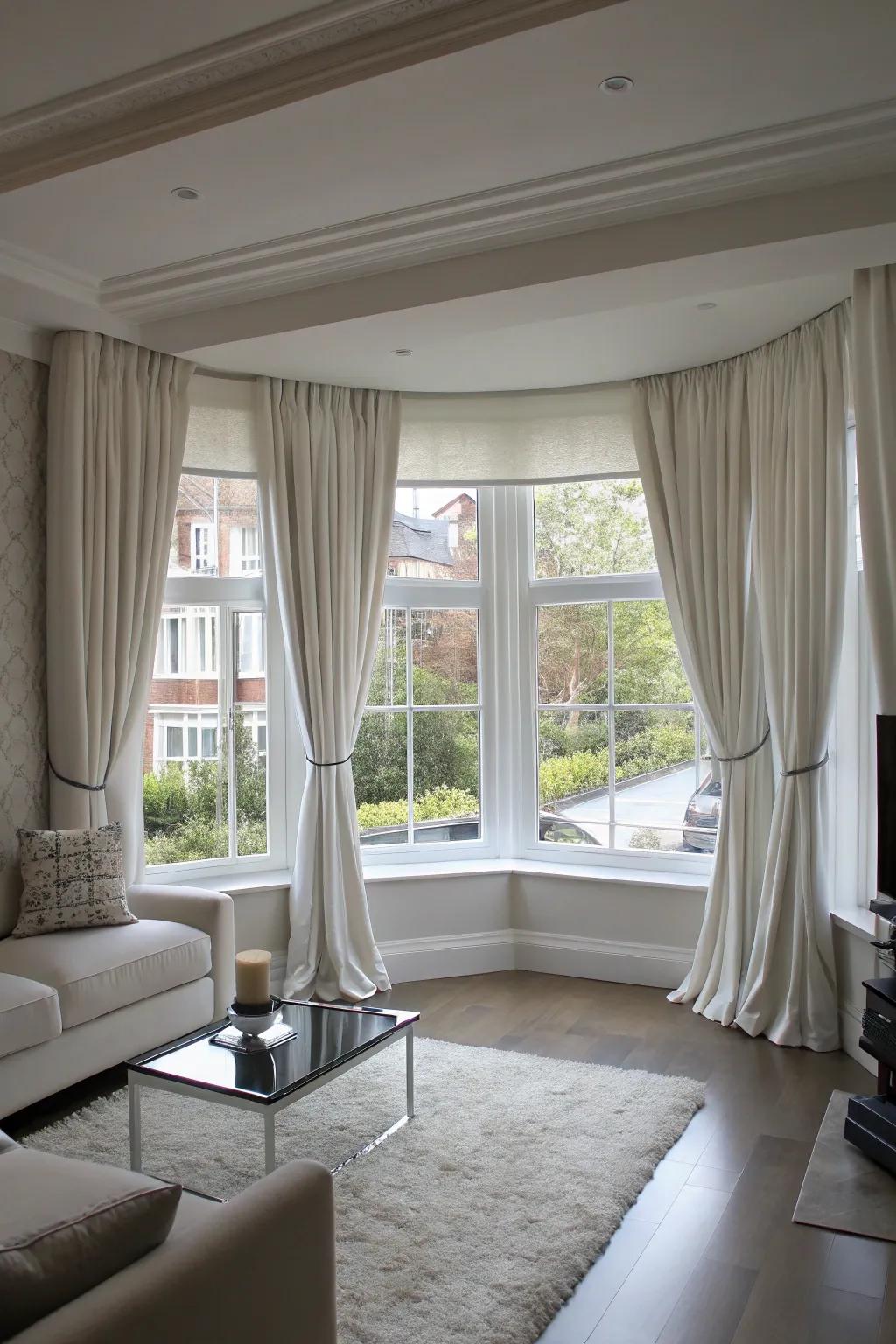 Squared pleated window toppers project a tailored, modern guise.
