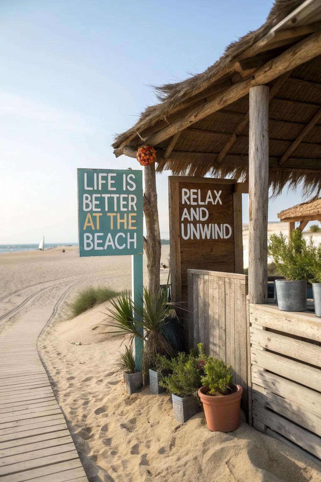 Distressed wooden direction boards add playful personality to the beach shed.
