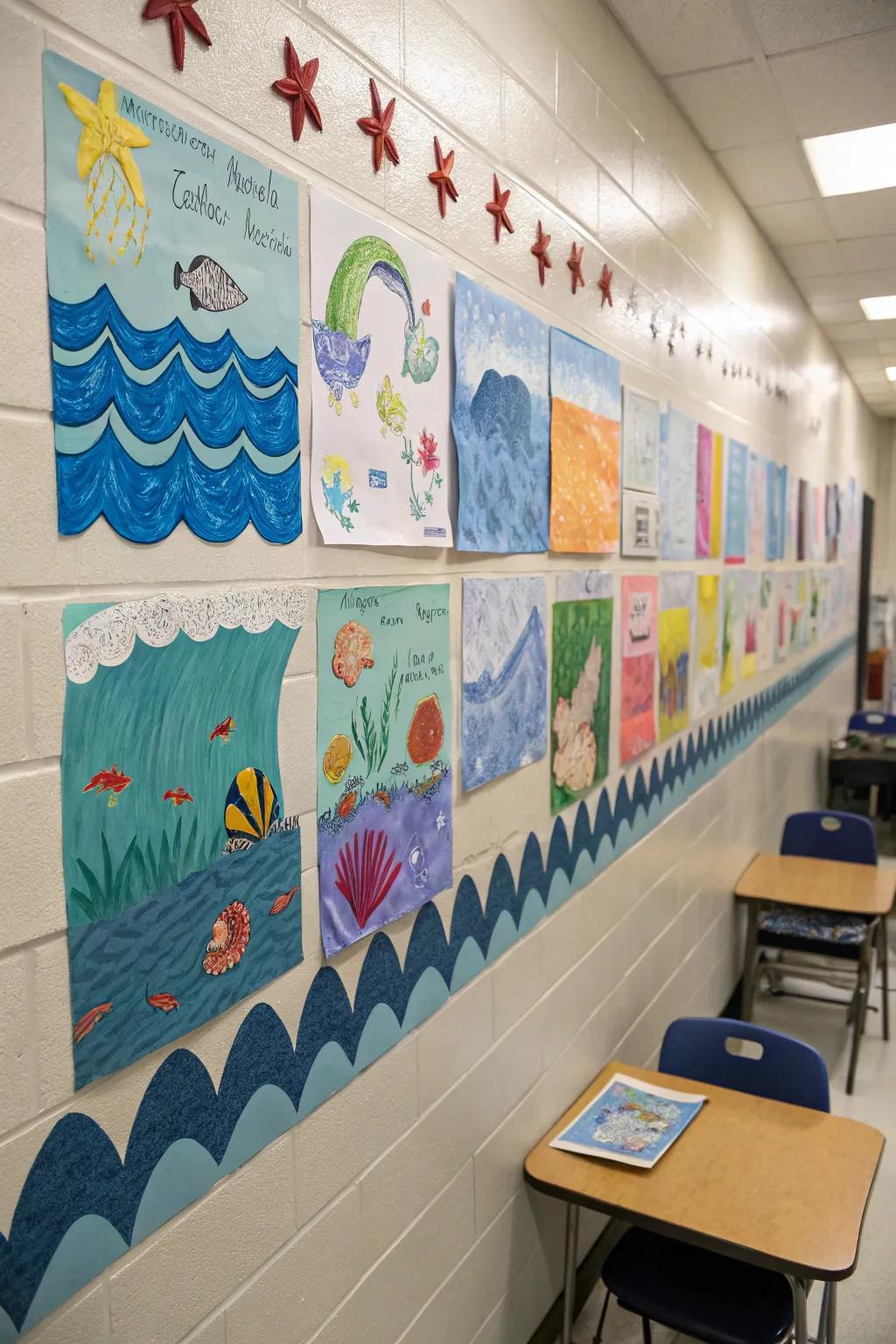 An art display showcasing marine-inspired pupil creations imparts a personal impression to the classroom.