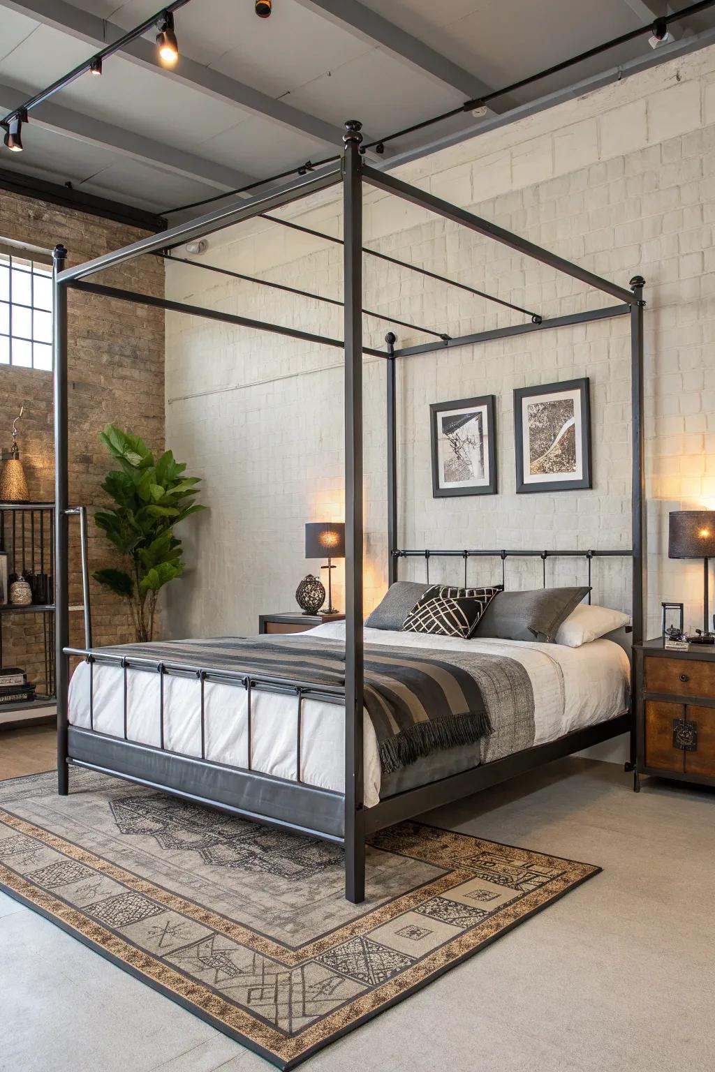 An industrial steel bed base makes a bold, modern statement.