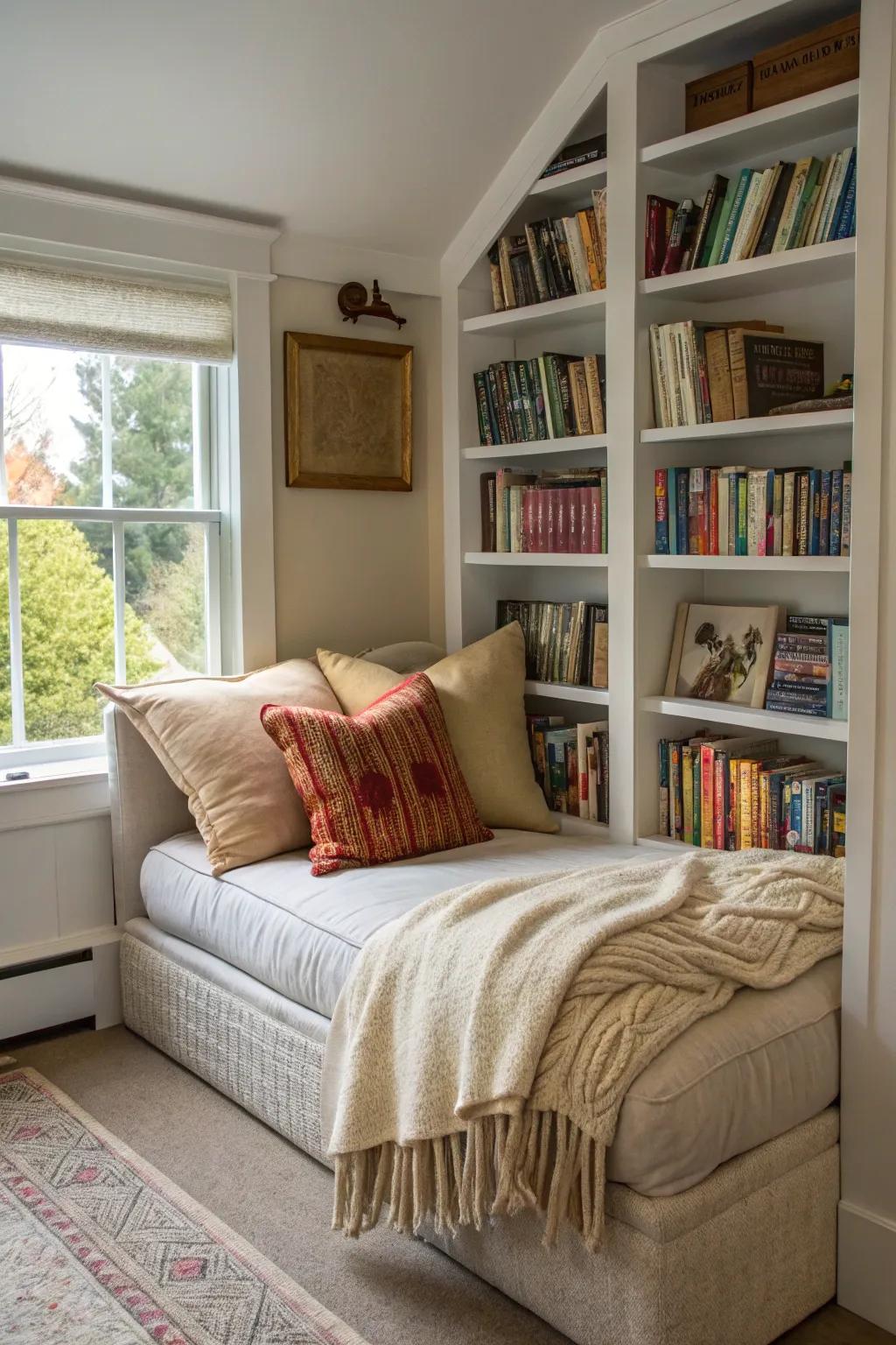 A luxurious perusal couch elegantly ensconced within a bedroom environment, serving as the quintessential sanctuary for ardent bibliophiles and literary devotees.