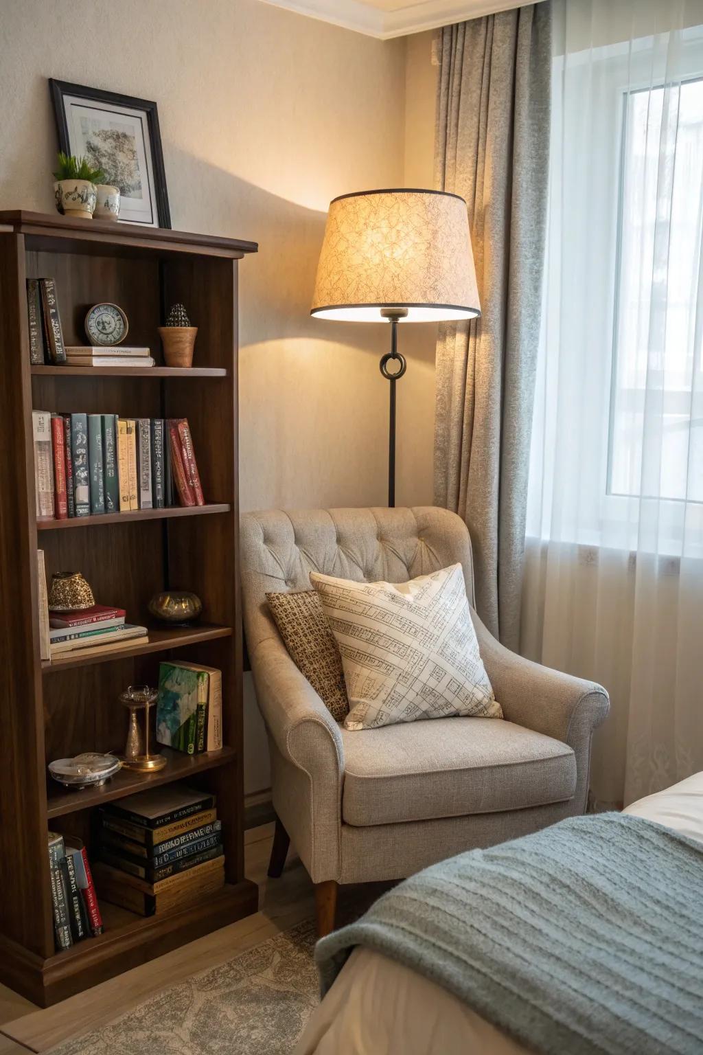 Design a peaceful reading area for a comforting retreat in your bedroom.