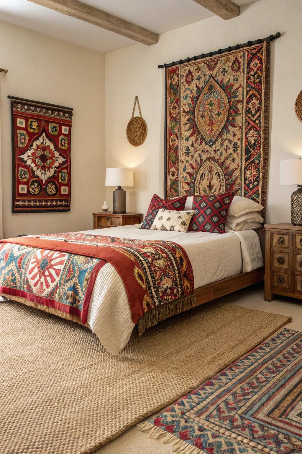 Bold prints include vibrancy and energy to a bedroom that features a cream-colored carpet.