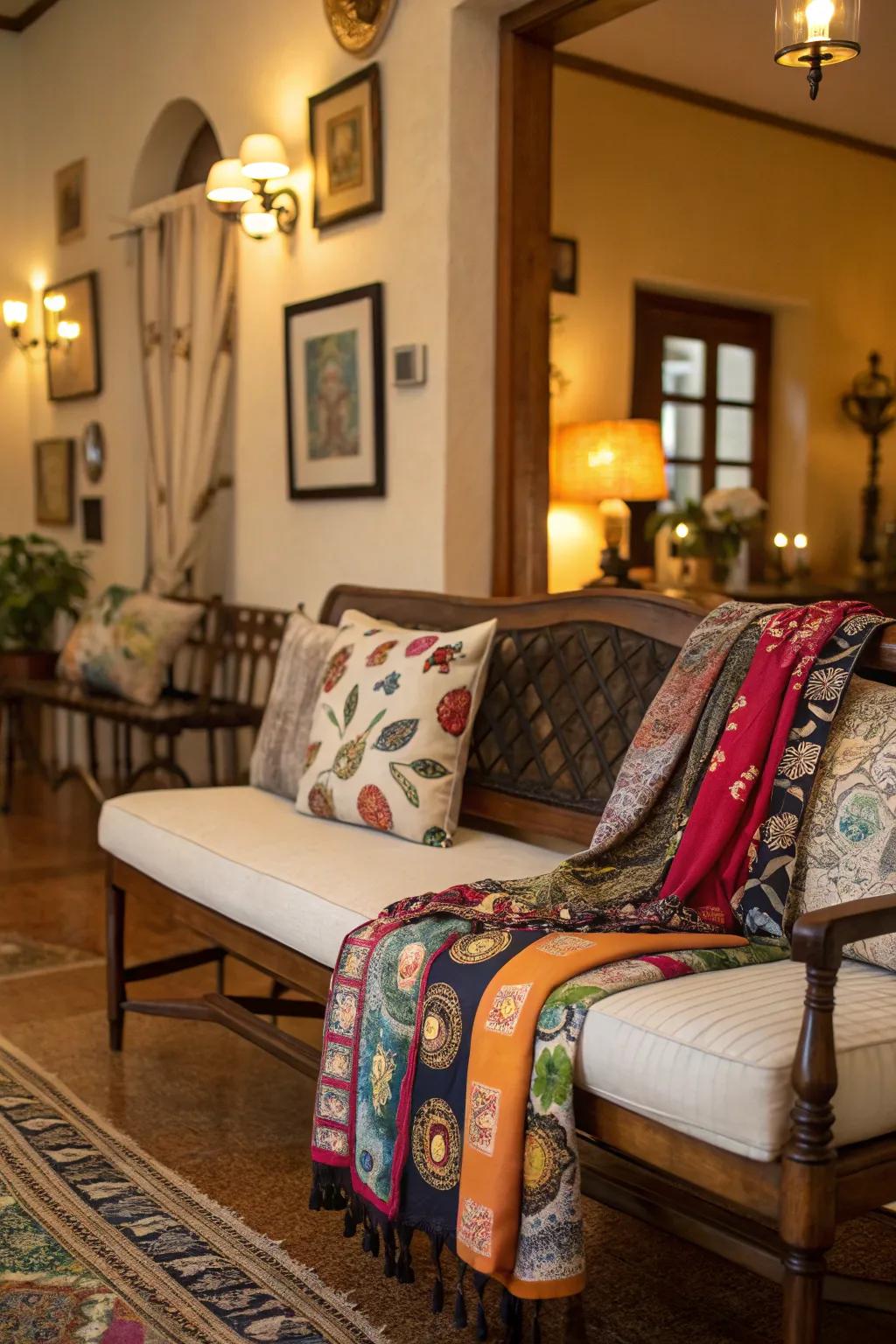 Handcrafted cushions employing vintage textiles for a personal flair.