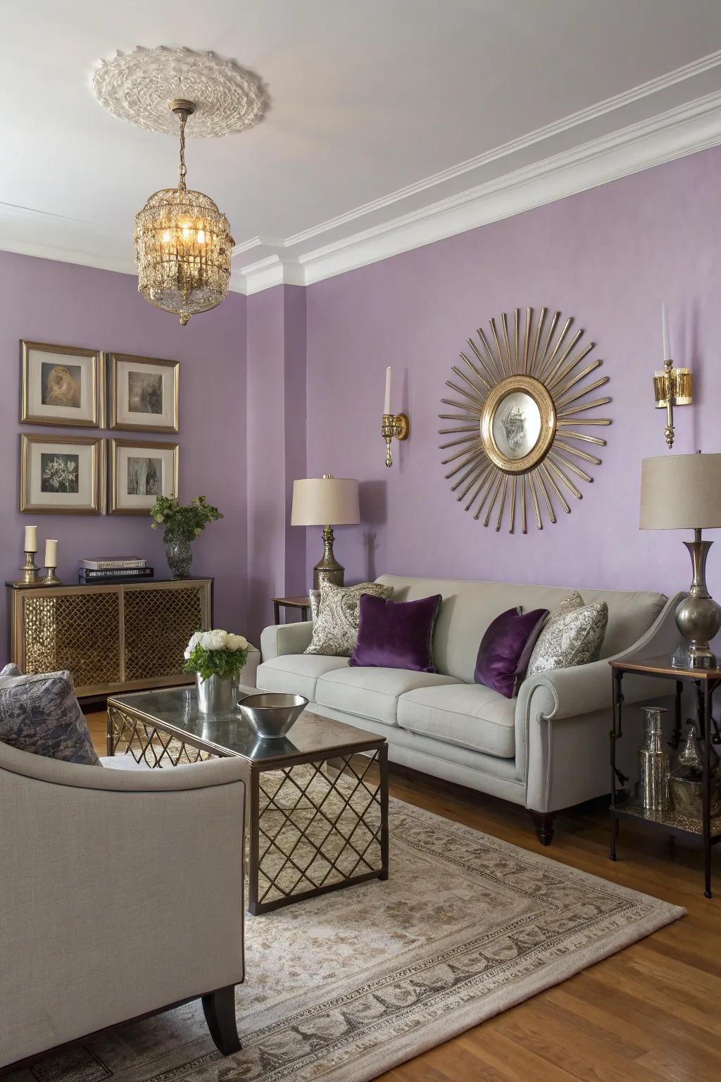 Lilac walls craft an opulent and calming atmosphere.