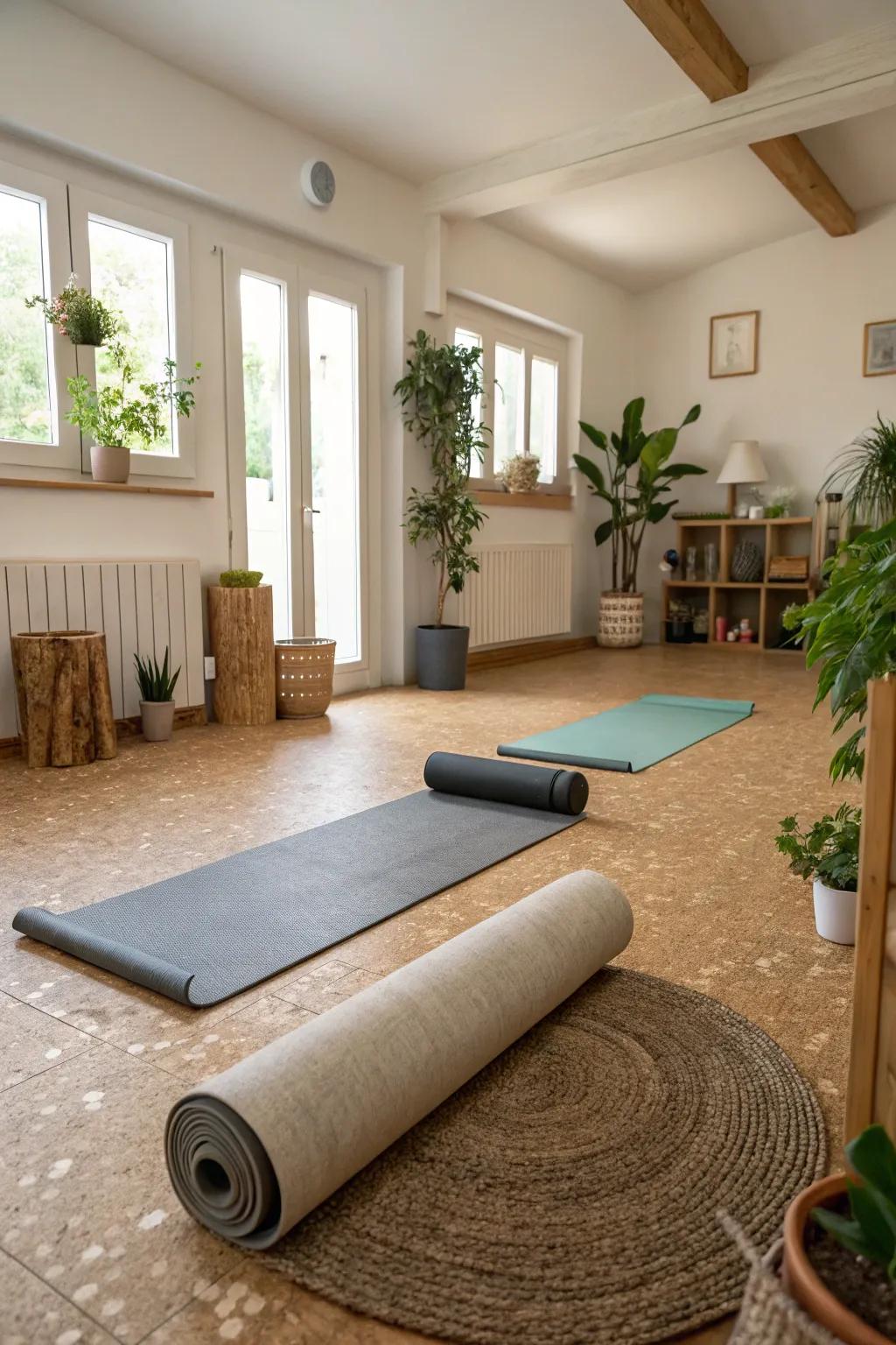 Cork flooring provides an eco-conscious and comfortable gym surface.