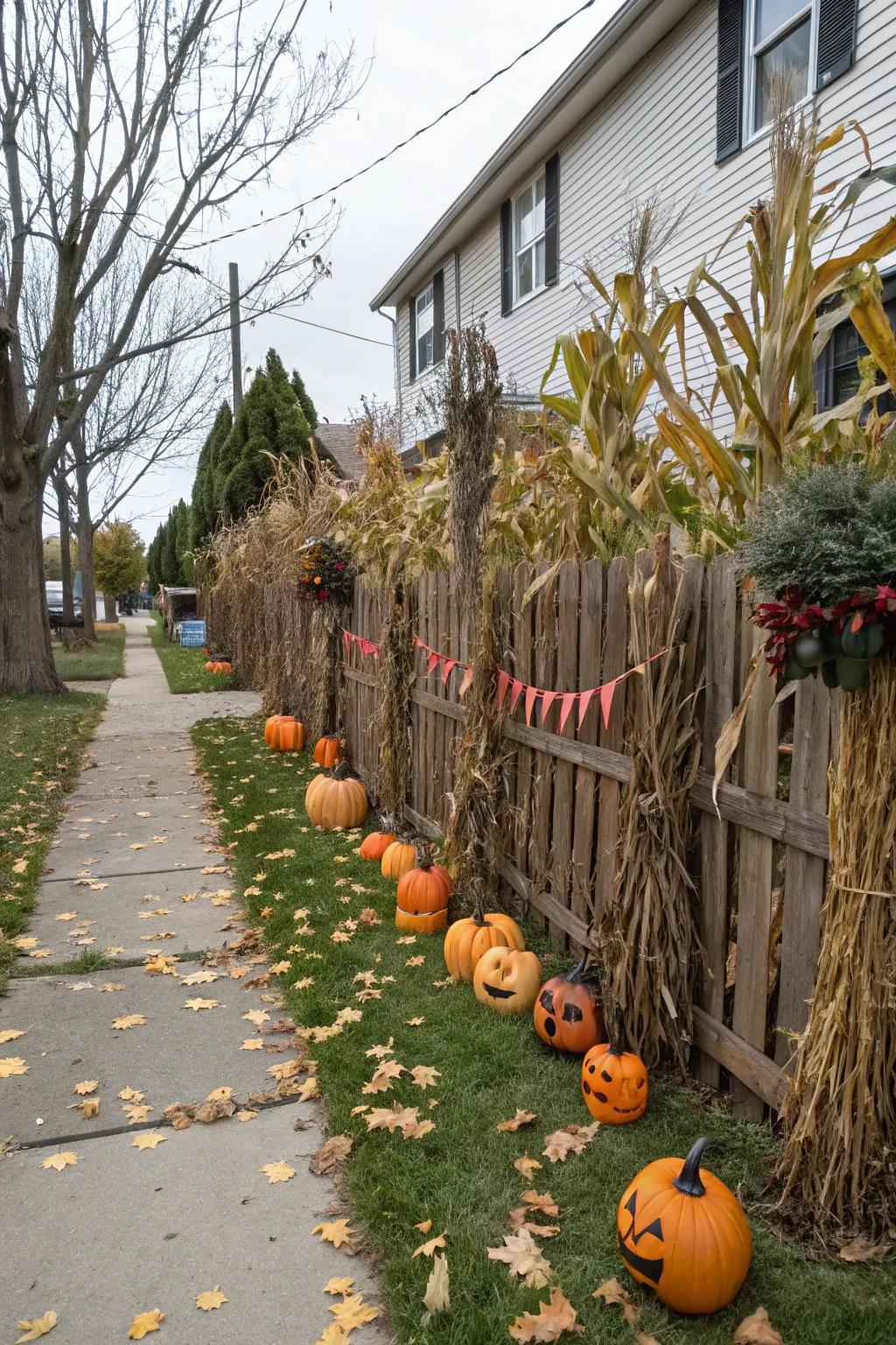 Maize stalks infuse a countryside touch into Holiday yard decor.