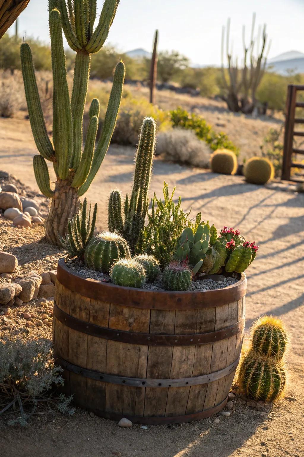 An eye-catching display of prickly pear plants settled in an oak barrel.