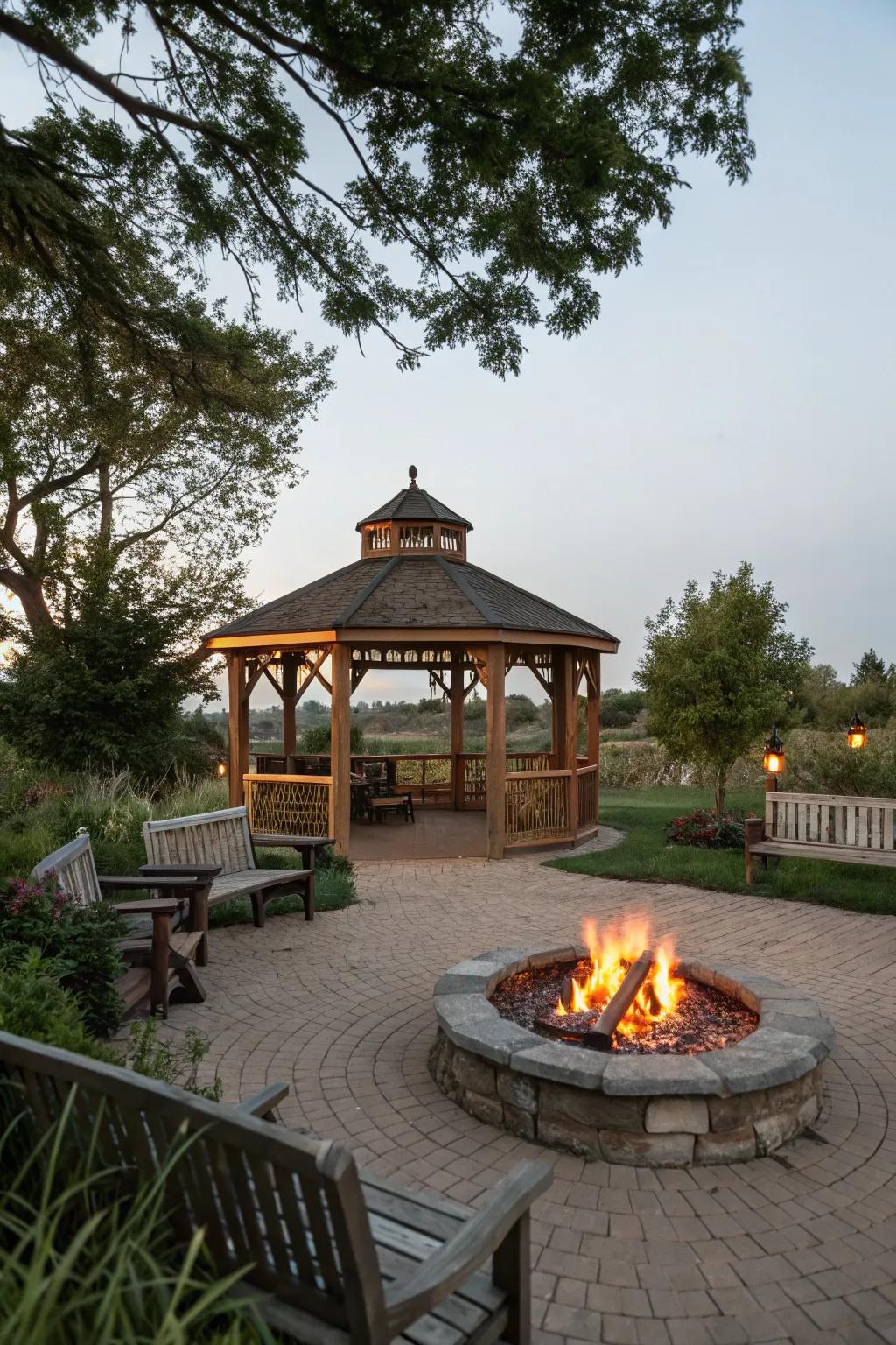 A bonfire pit furnishes warmth and doubles as a mesmerizing centerpiece.