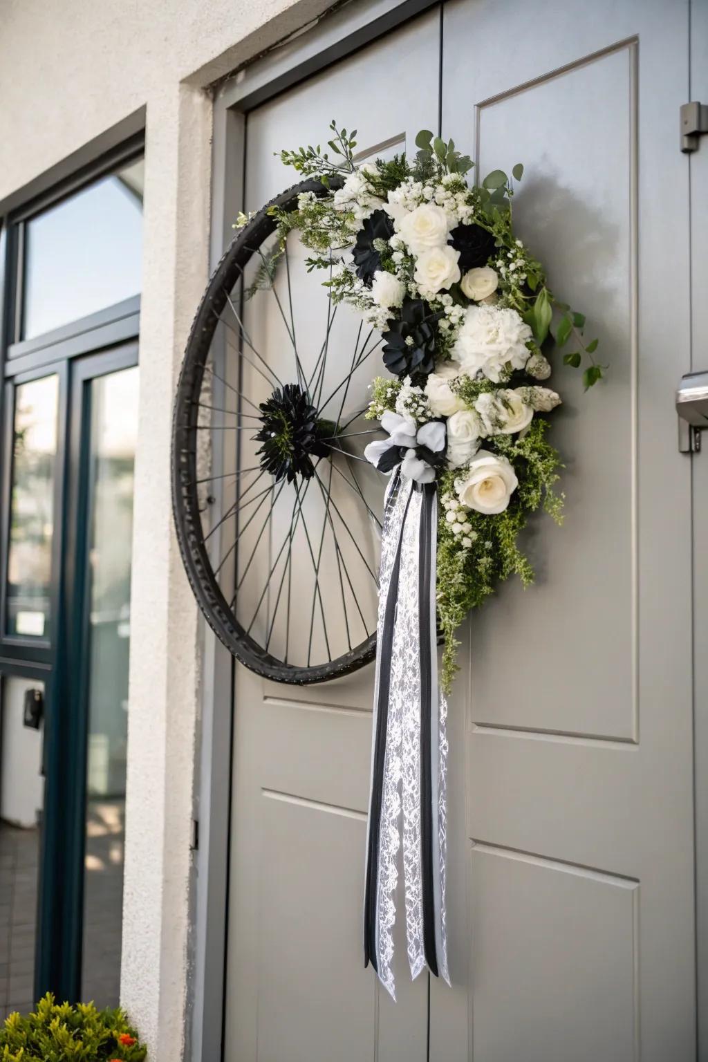 A minimalist bike wheel decoration with monochrome aspects for a modern aesthetic.