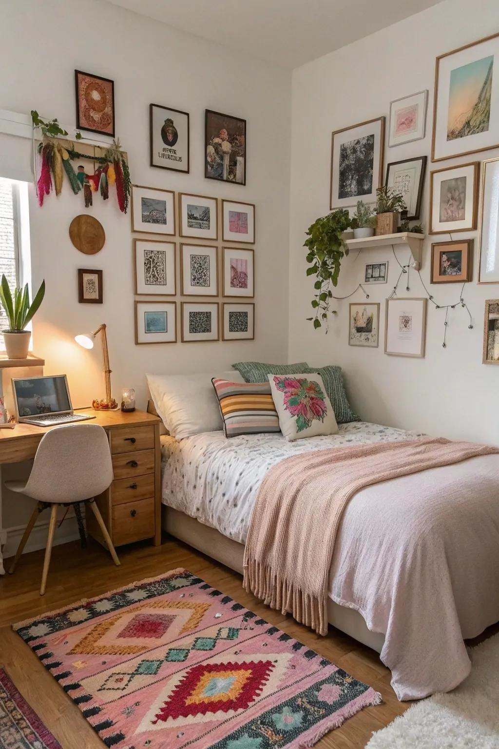 A spacious bedroom customized with singular art pieces and ornamentation.
