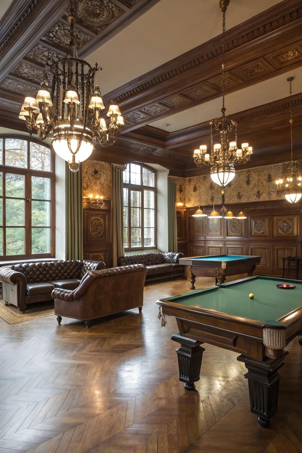 Elegant hardwood flooring highlighting the style of a billiard room.