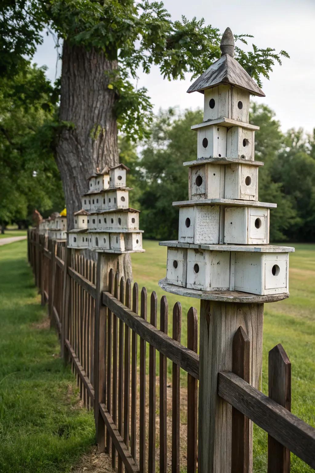 A tiered arrangement of bird dwellings conjures a theatrical display on the fence.