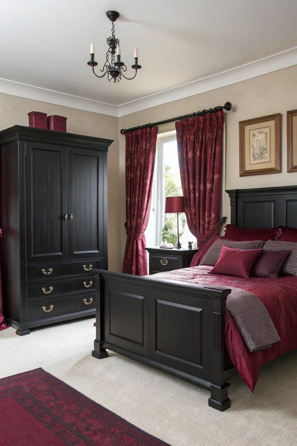 Pairing black furnishings with burgundy accents builds a modern, cohesive visual appeal.