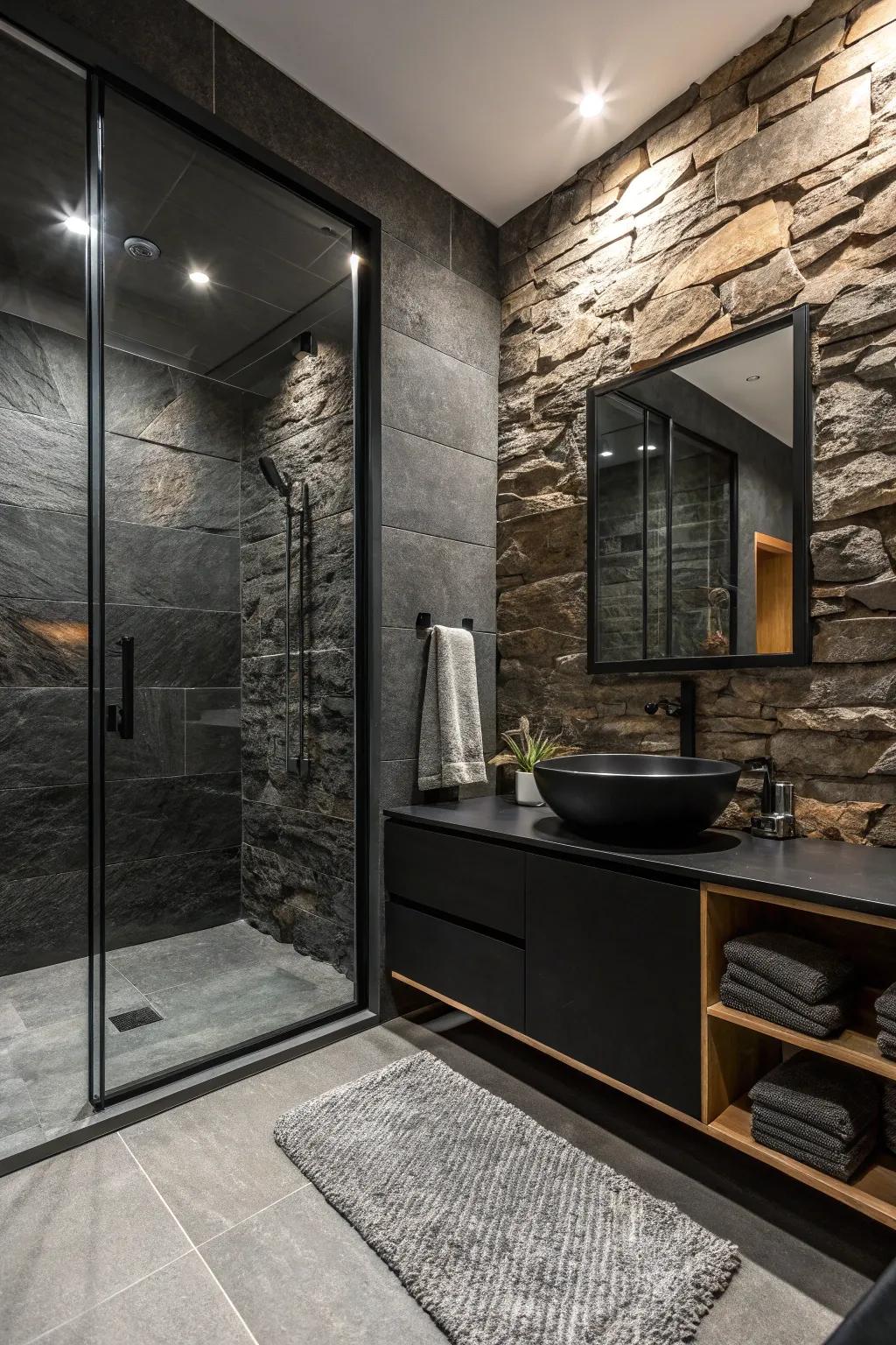 A bathroom that creatively layers textures for added depth and interest.