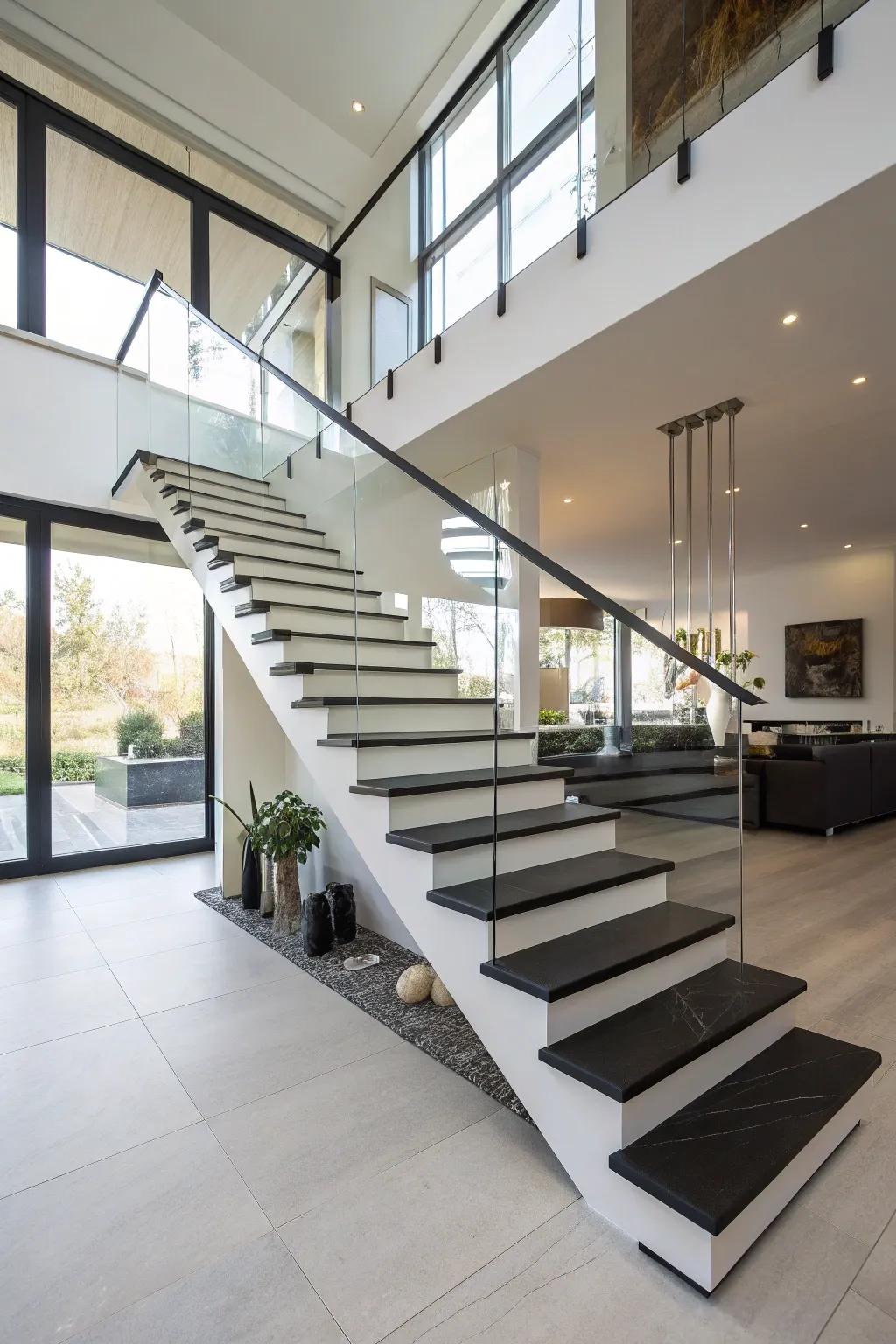 Floating black and white steps create an airy feel in a modern design.