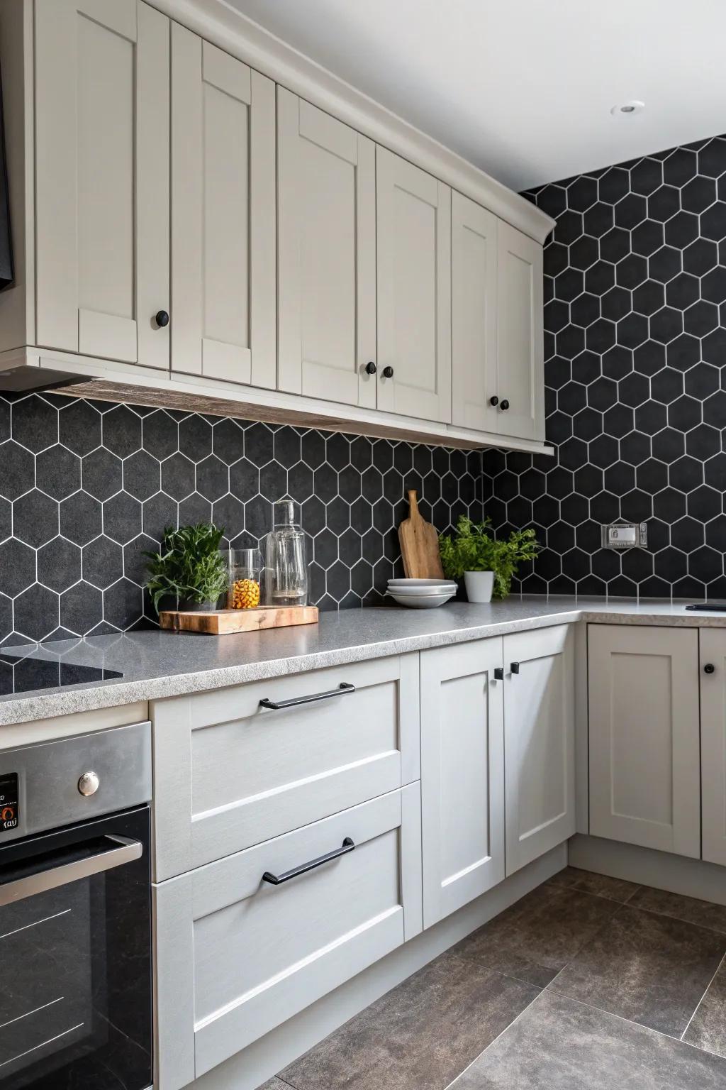 Polygon tiles bring a playful yet sophisticated touch to this kitchen's design.