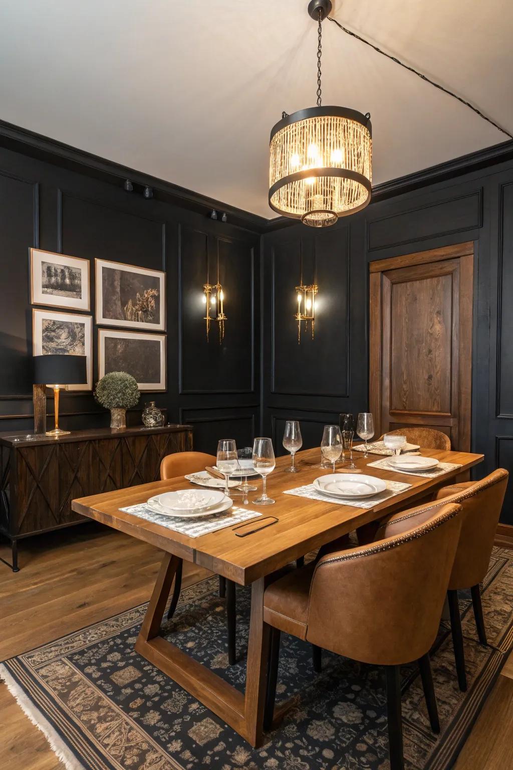 Warm timber harmonizes the charcoal tones.