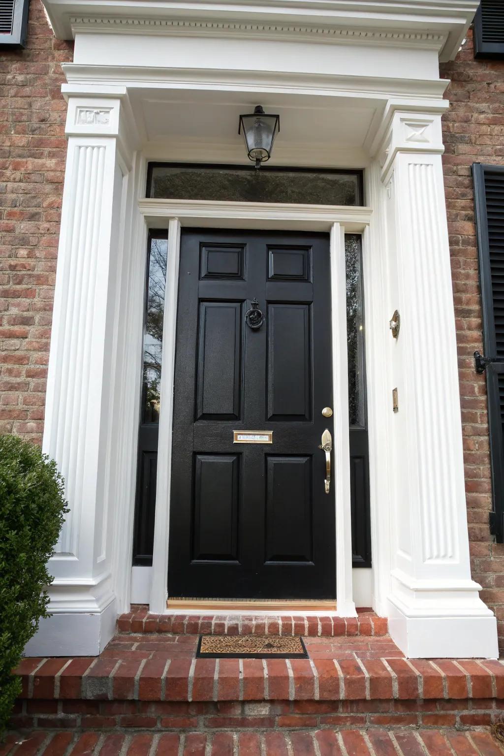 Wide stone casings surrounding a black door add dimension and sophistication.
