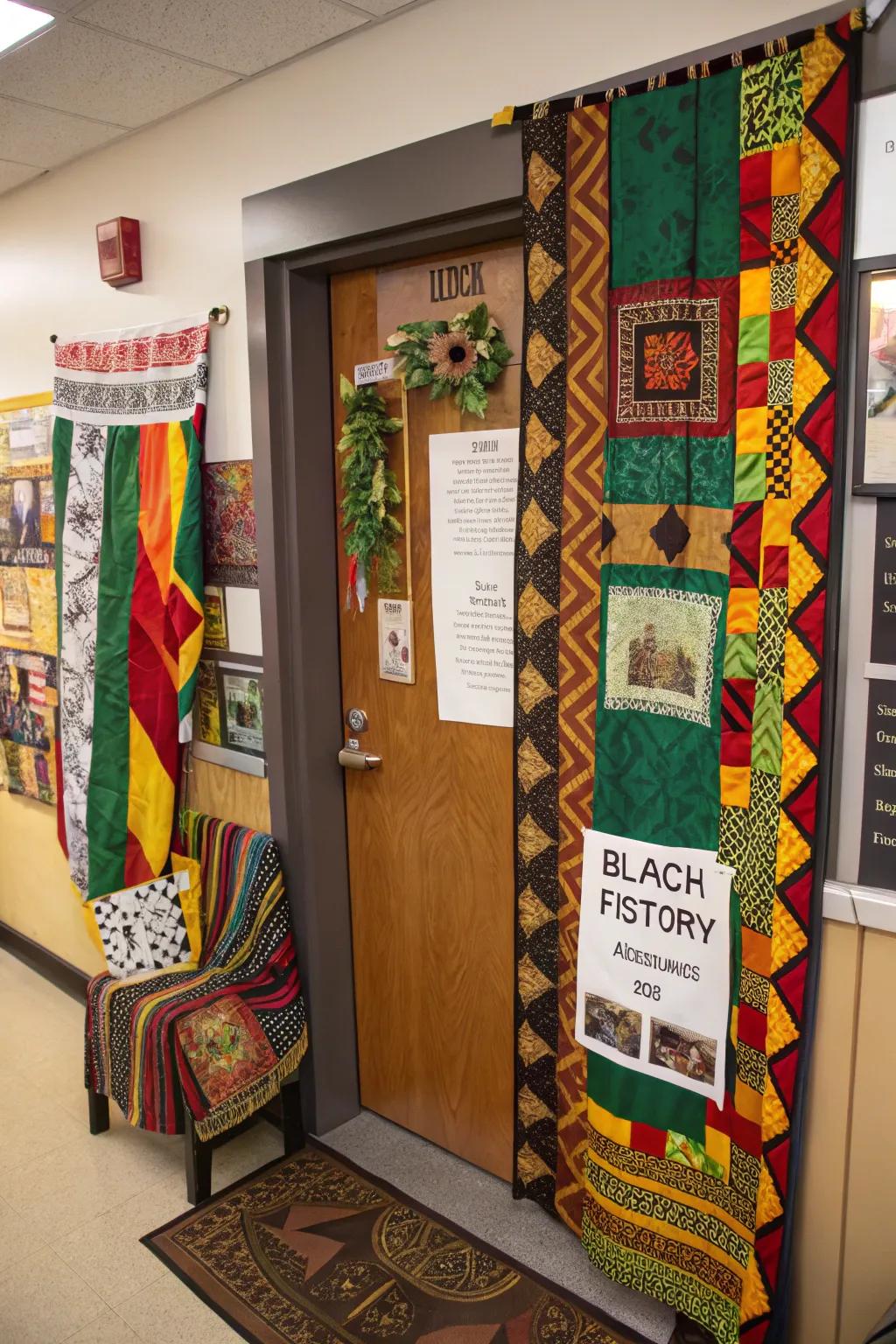 A door featuring artistic expression through materials and textiles.
