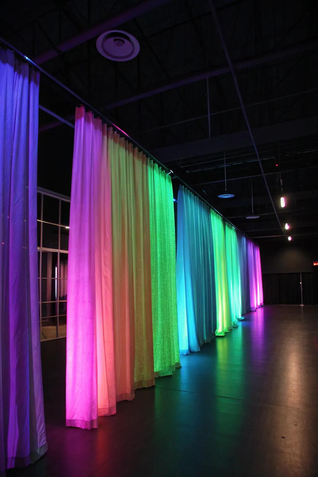 Fluorescent curtains frame the view with a colorful glow.