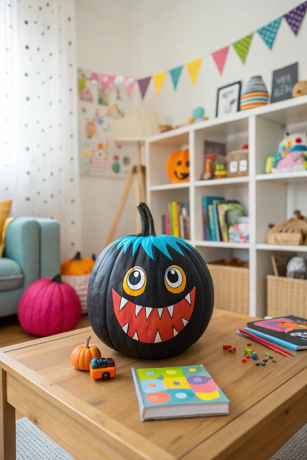 A playful dark-colored pumpkin with a creature visage, suitable for a child-friendly All Hallows' Eve.