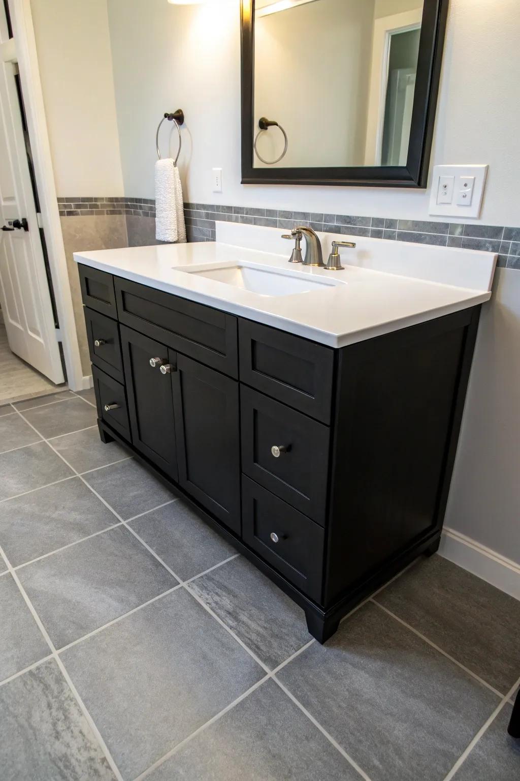 An ebony vanity with ivory countertops fashions a stylish, balanced look.
