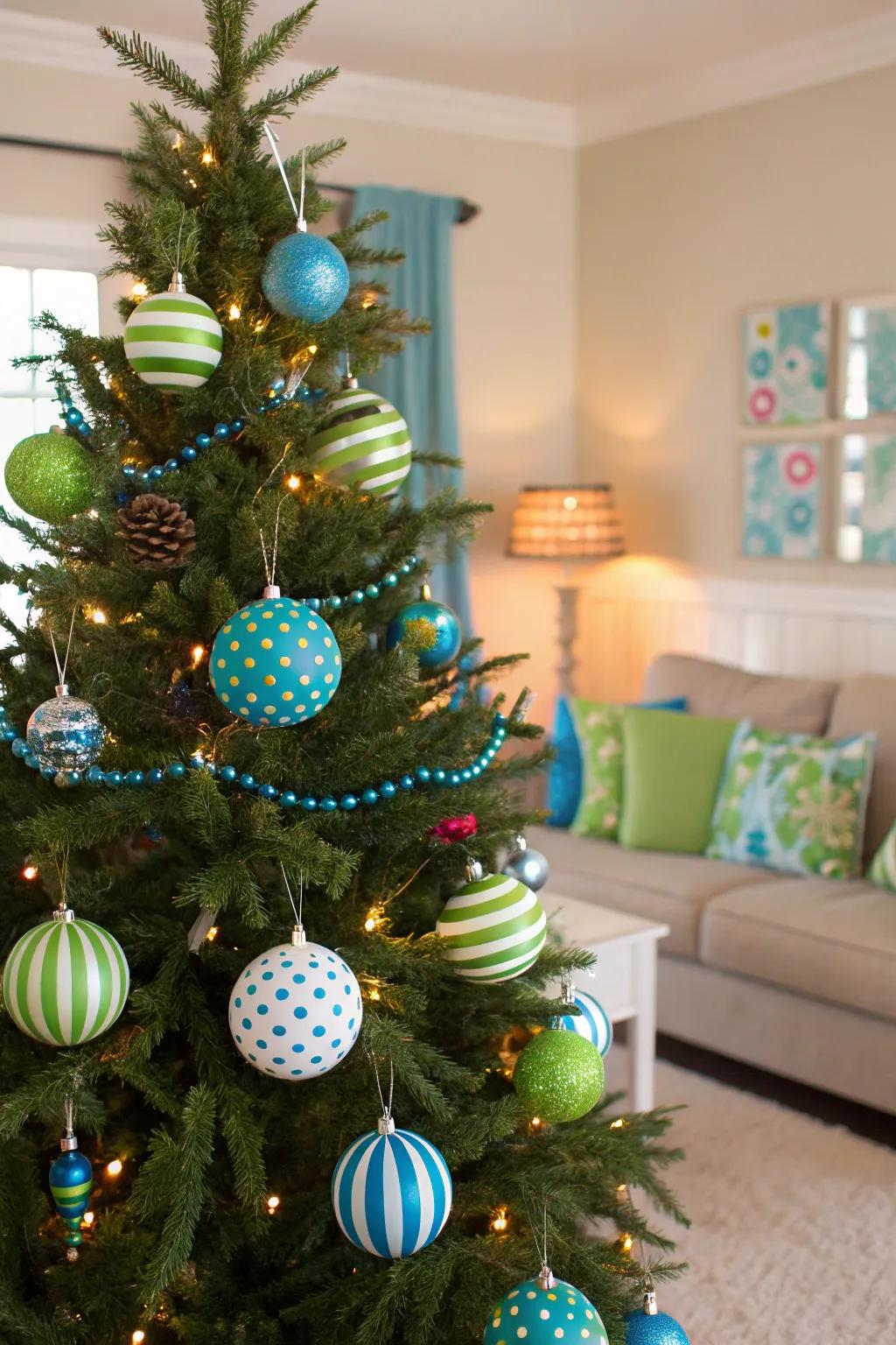 A playful and whimsical Christmas tree featuring polka dots and stripes.