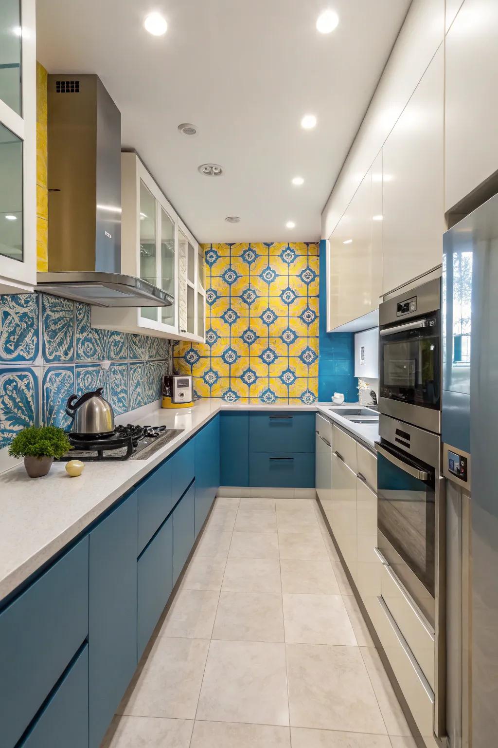 A kitchen highlighting an azure and gold backsplash for a stylish aesthetic.