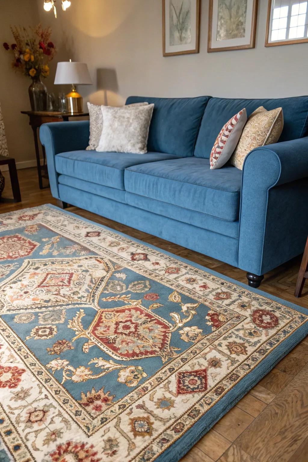 An antique rug imparts timeless allure to the lounge.