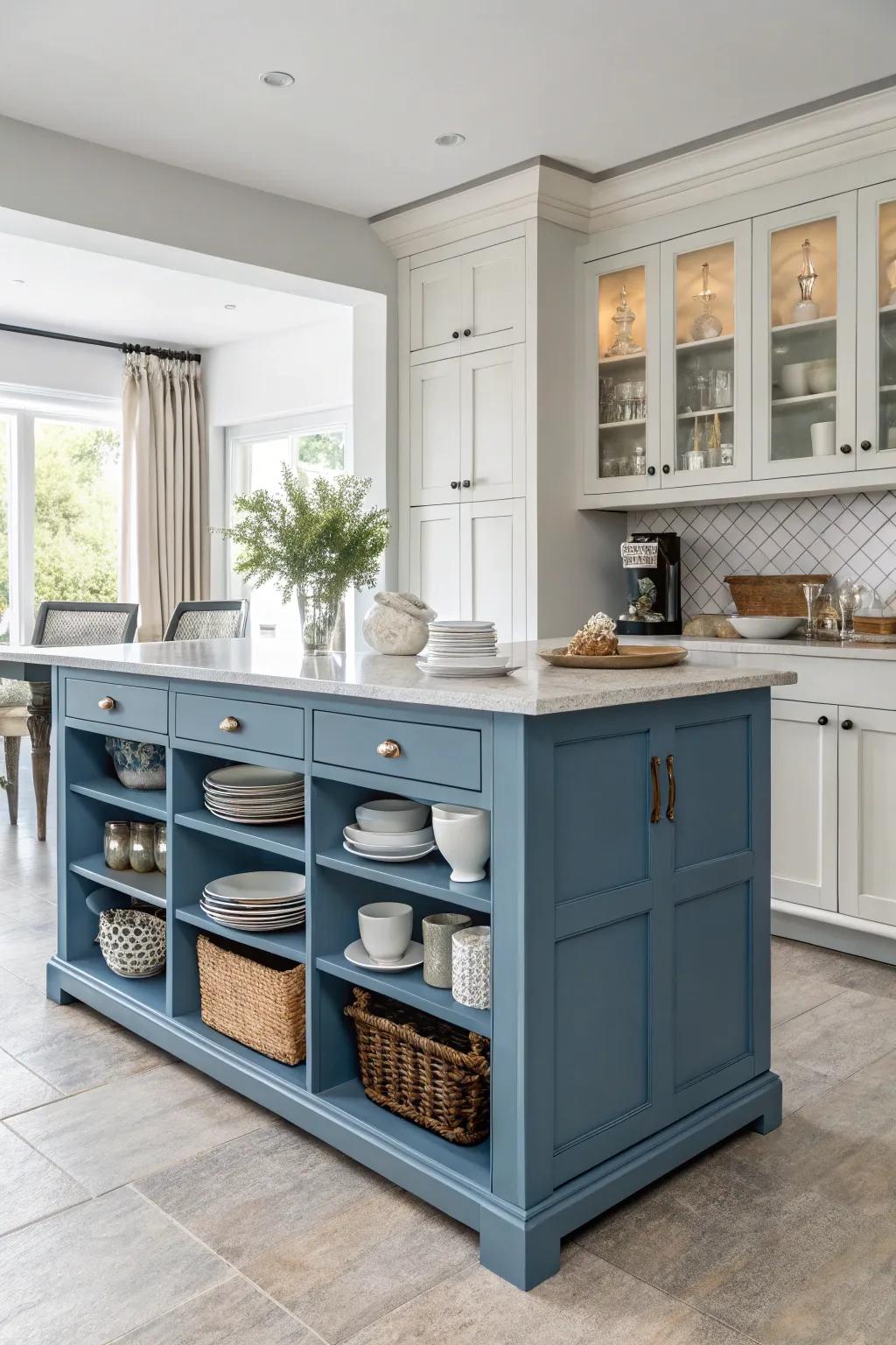 Integrated storage adds practicality to the cerulean kitchen island.